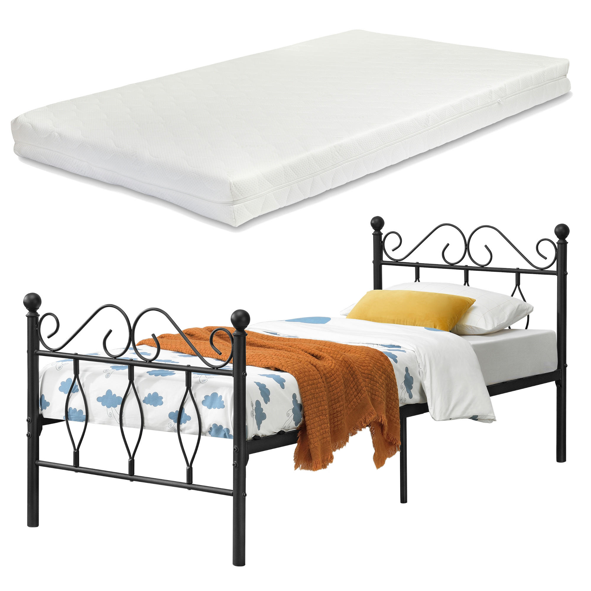 METALLBETT Apolda mit Matratze - Schwarz, Textil/Metall (90/200cm) - [en.casa]