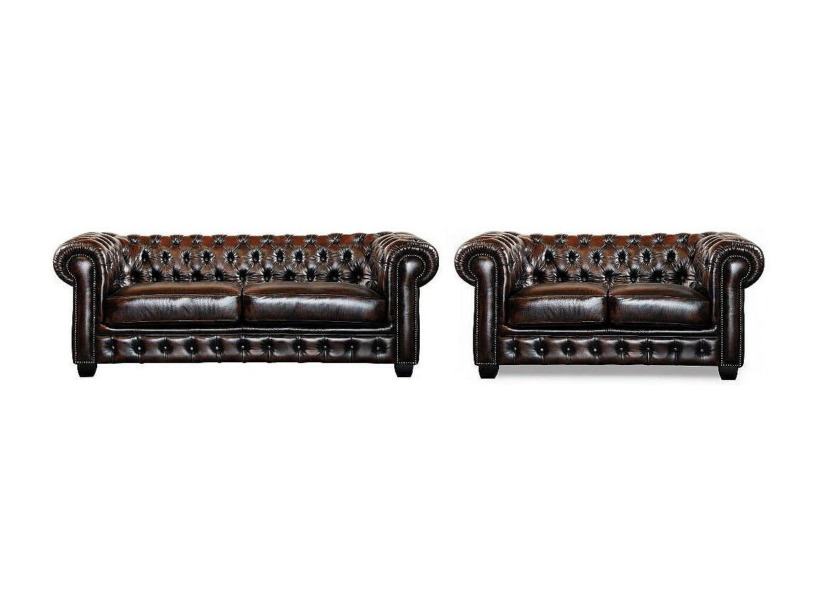 CHESTERFIELD Garnitur 3+2 - Büffelleder - Braun - BRENTON - Braun, Leder (201/73/96cm) - Vente-Unique