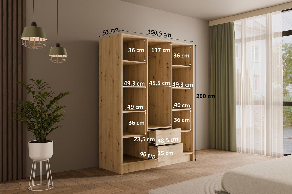 KLEIDERSCHRANK NELIA - 150 cm - Schwarz/Eiche Artisan, Holzwerkstoff (150/200/51cm) - ALTDECOR