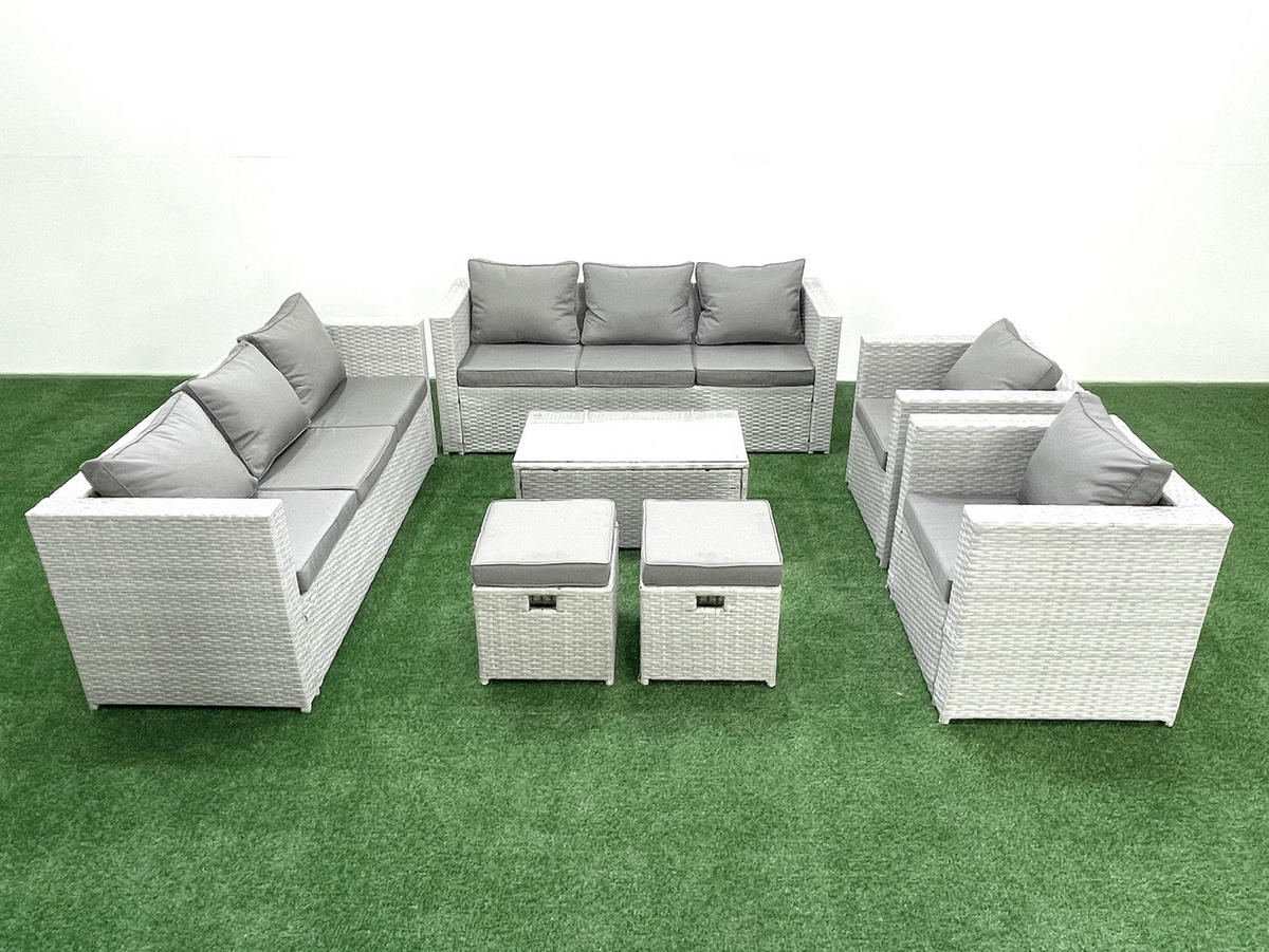GARTENGARNITUR mit 3-SITZER SOFA,COUCHTISCH Polyrattan Hellgrau-Mix 10-Sitzer - Hellgrau/Grau, Glas/Kunststoff - Fimous