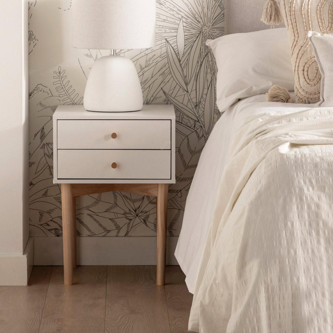 NACHTTISCH 2 SCHUBLADEN Vichy Weiß 40 cm x 56,5 cm - Weiß, Holzwerkstoff (40/56/40cm)