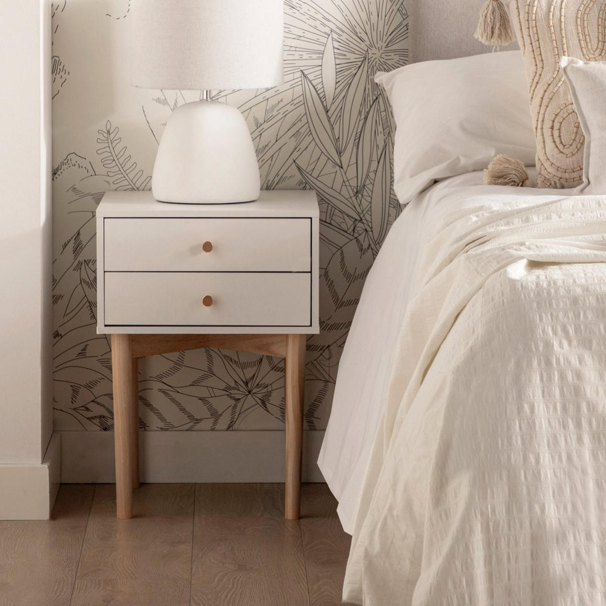 NACHTTISCH 2 SCHUBLADEN Vichy Weiß 40 cm x 56,5 cm - Weiß, Holzwerkstoff (40/56/40cm)