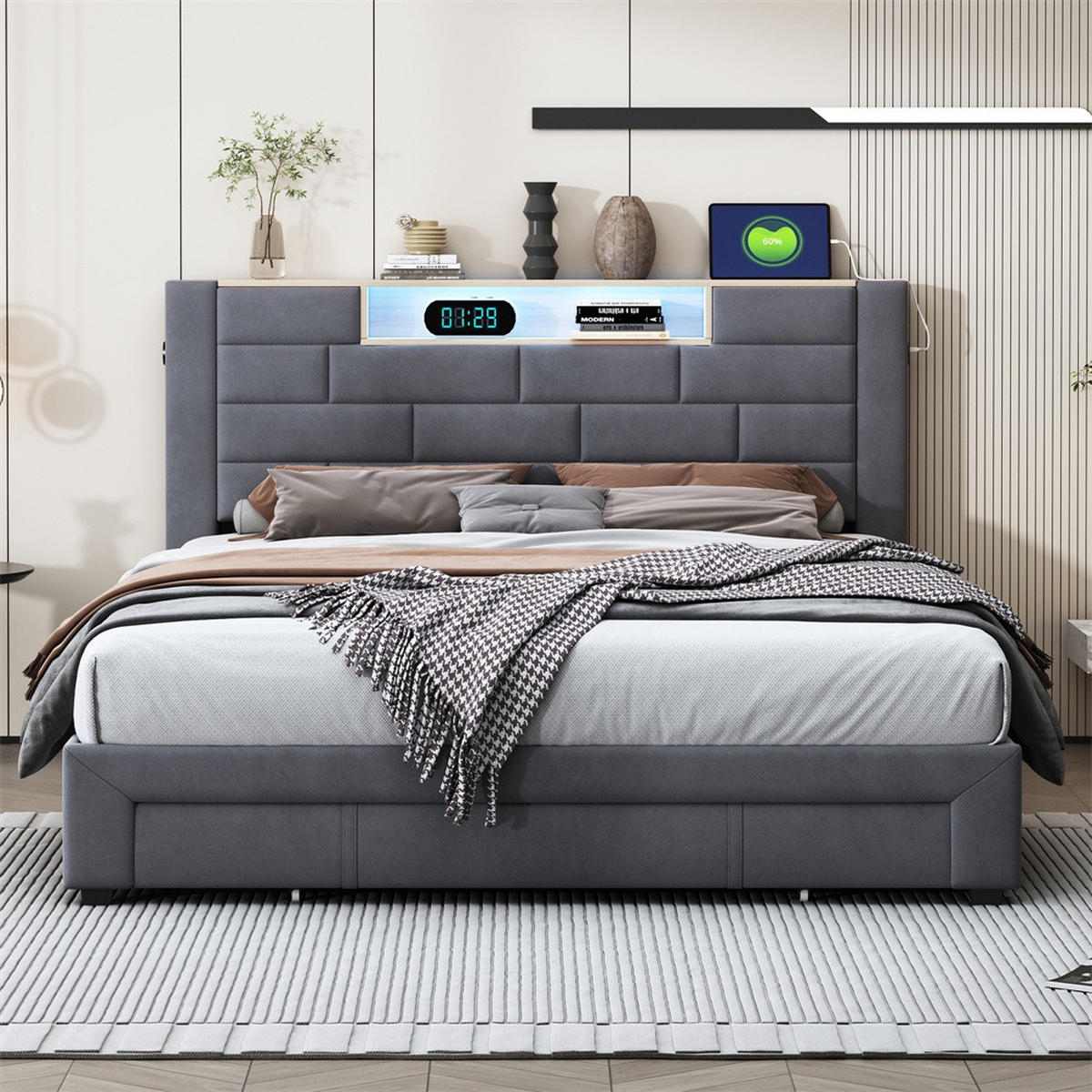 POLSTERBETT 140x200 cm - mit LED-Beleuchtung, USB/Type-C-Ladefunktion, Ablagekopfteil, Schubladen - Grau - Grau, Textil (140/200cm) - DELFA