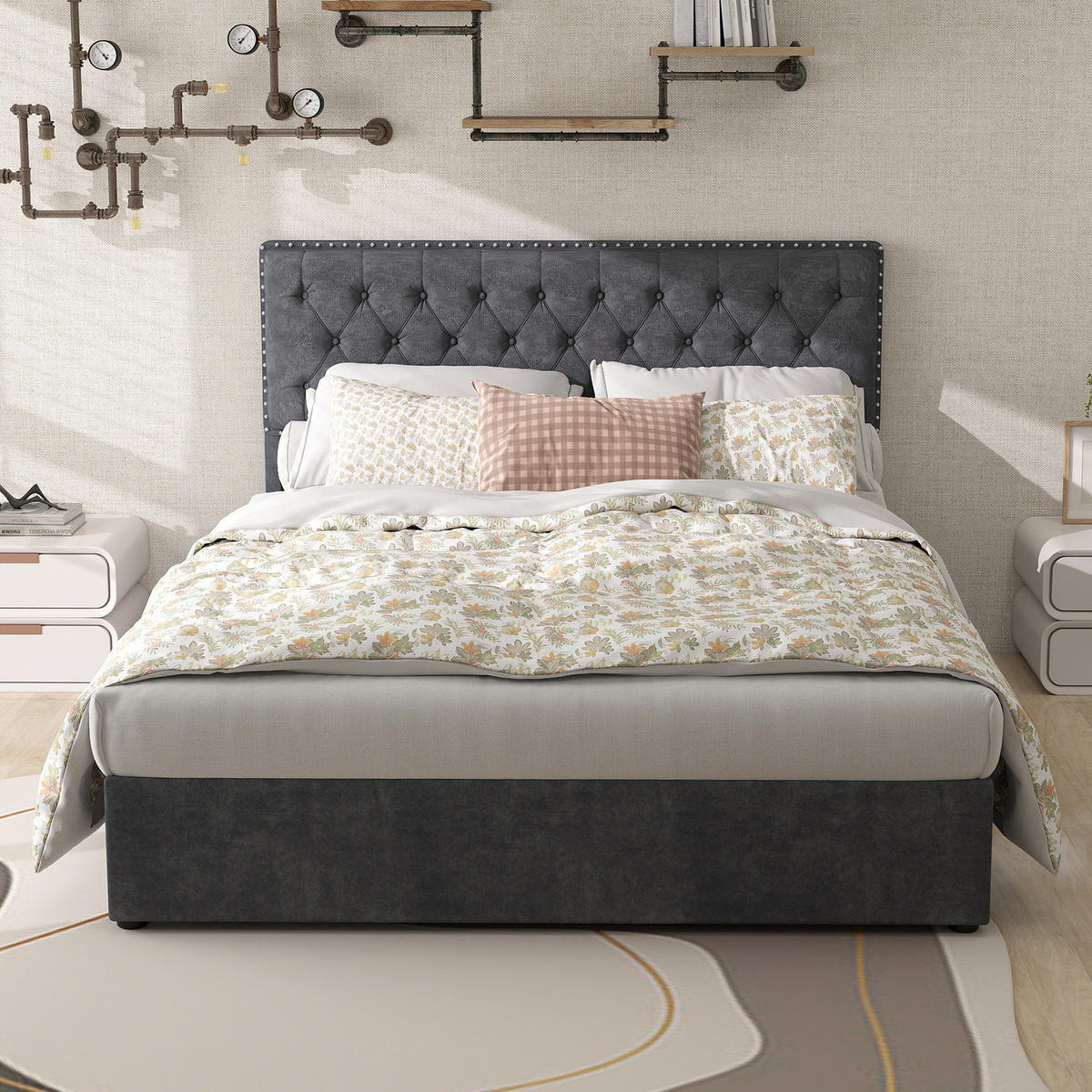POLSTERBETT 140/200 cm grau aus Stoff und Metall mit Stauraum - Grau, Textil (140/200cm) - OKWISH