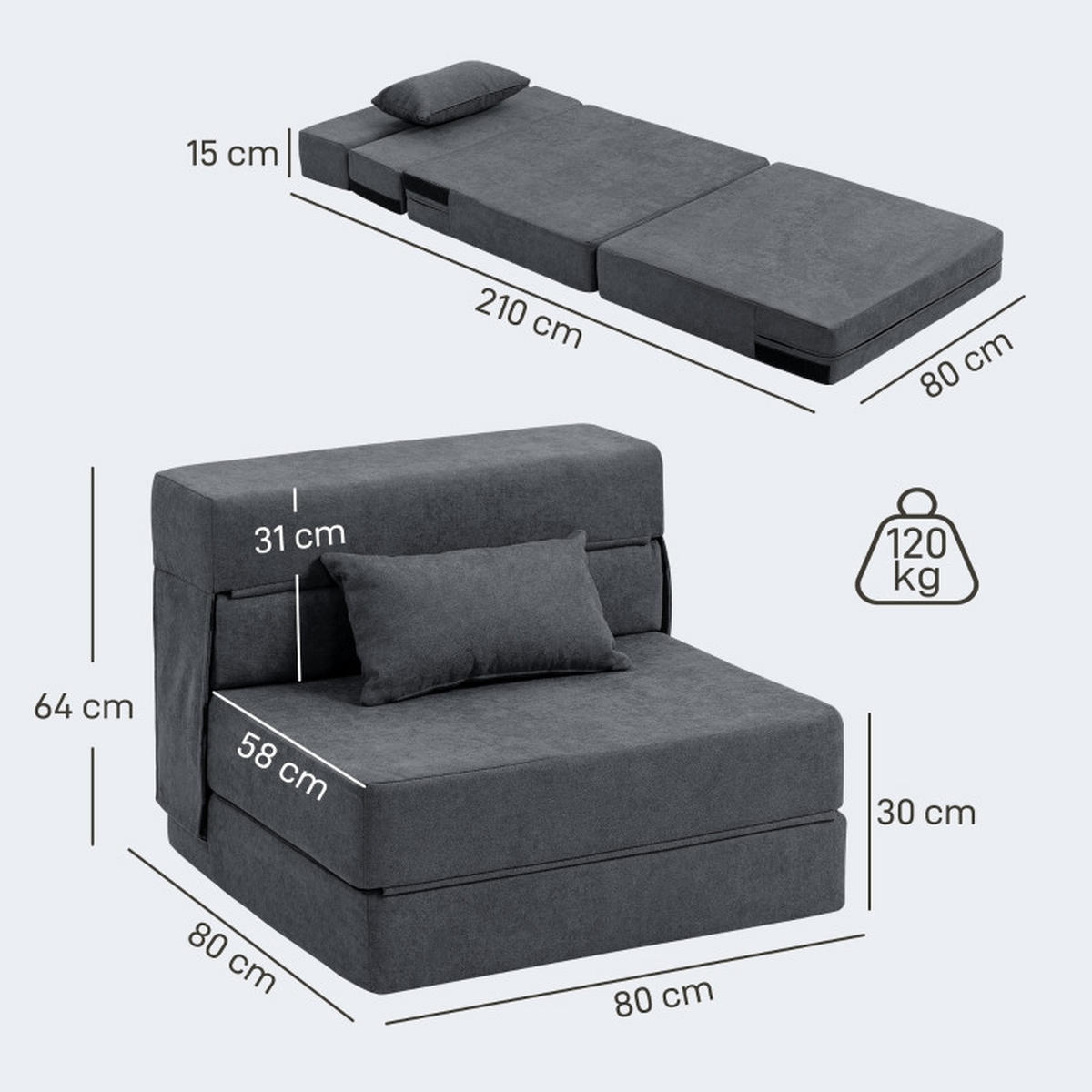 SCHLAFSESSEL 3-in-1 klappbar als Bodensofa, Chaiselongue, Bett 80/80/64 cm Dunkelgrau - Dunkelgrau, Textil (80/64/80cm) - Redom