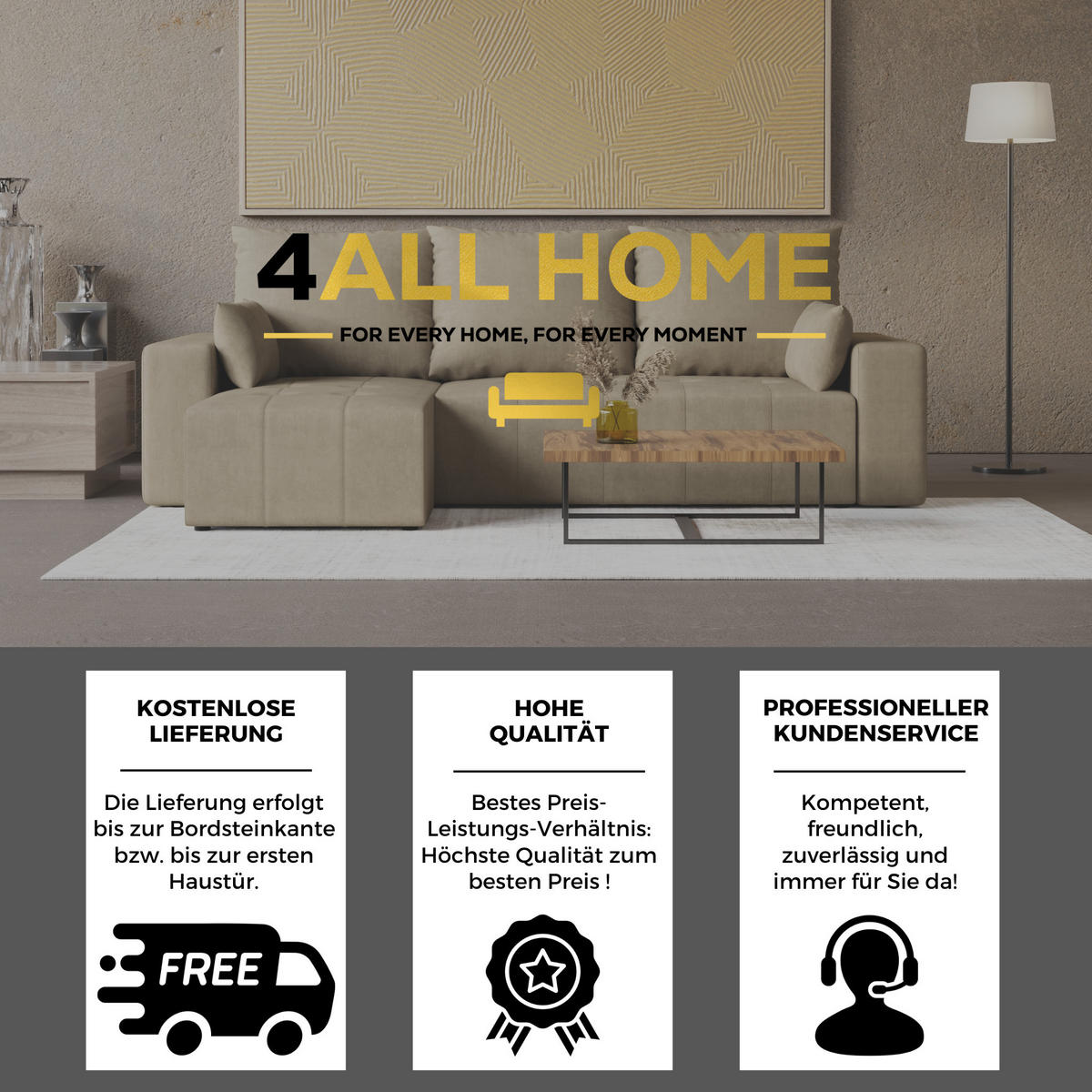 ECKSOFA Tico mit Bettkasten und Schlaffunktion, L-Form/XL-Form, Velourstoff, Universal - Cappuccino, Holzwerkstoff (246/145cm) - 4ALL HOME