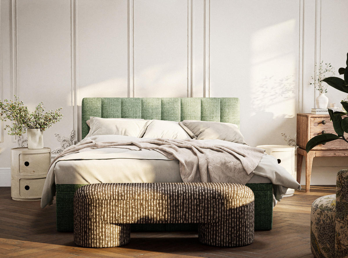 BOXBETT 180/200 cm Lovage S, in Grün, Matratze, gepolstertes Kopfteil, Bettkasten, H3 = fest - Schwarz/Grün, Holz/Holzwerkstoff (180/200cm) - Maison de Reve