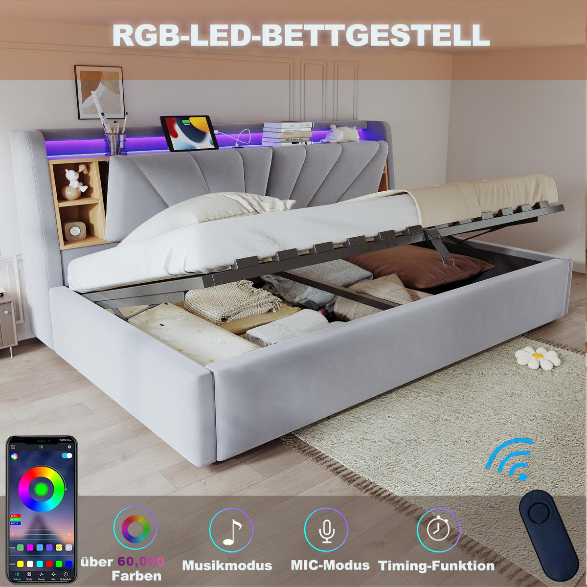 POLSTERBETT 90*200 cm mit LED, USB und Stauraum, Hellgrau - Hellgrau, Textil (90/200cm) - FLIEKS