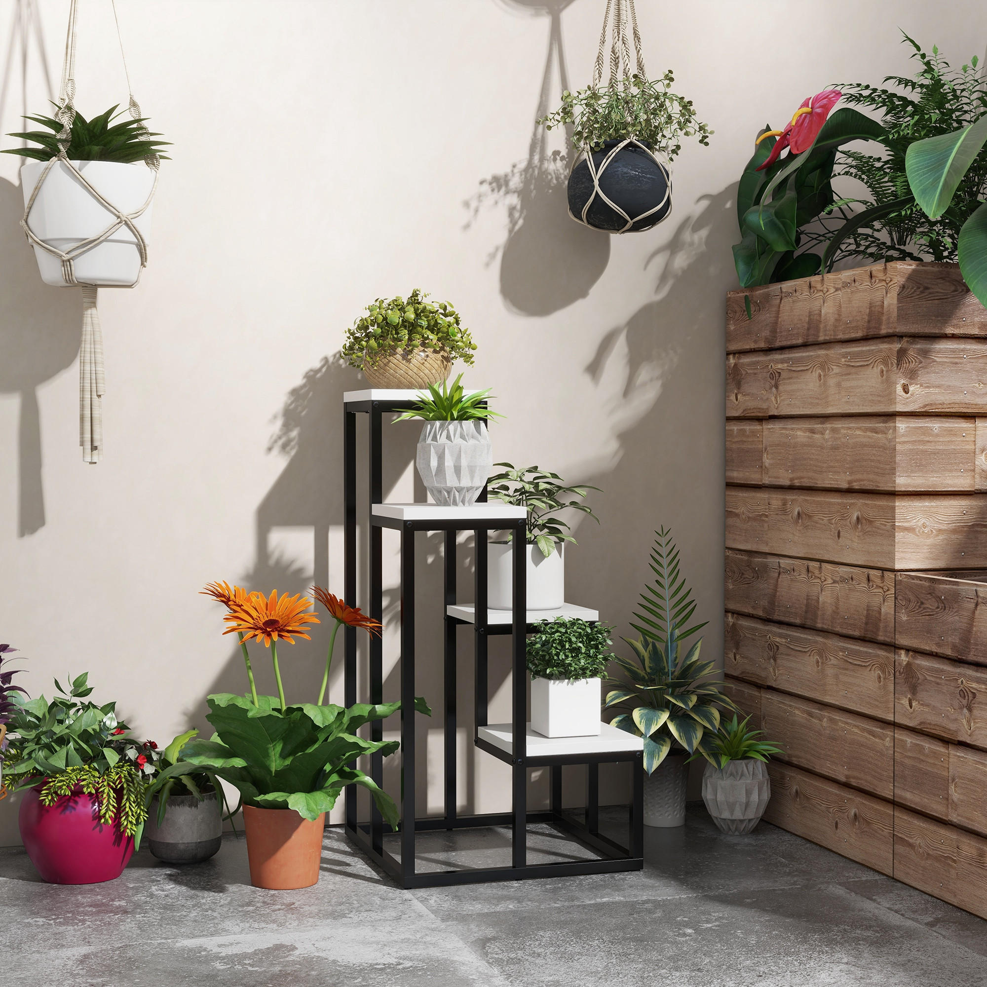PFLANZENSTÄNDER, Tannenholz, Stahl, Schwarz+Weiß - Multicolor, Metall (34/70/34cm) - Outsunny