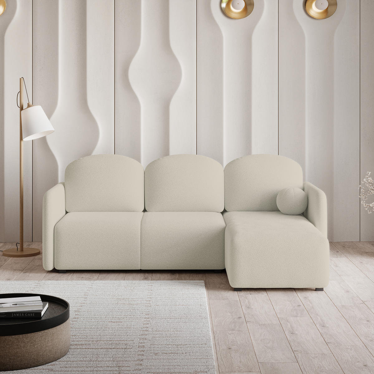 ECKSOFA SUVINO Creme Boucle-Stoff mit Schlaffunktion - Creme, Holz (230/143cm) - MASSENO