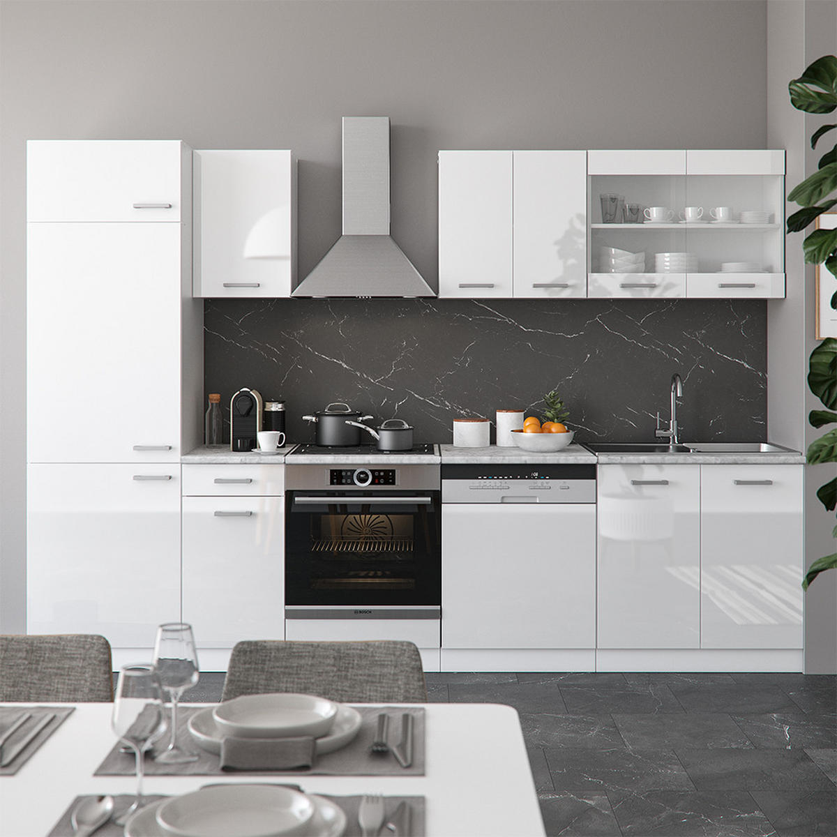 KÜCHE R-Line Weiß Hochglanz/Weiß 300 cm, AP Marmor - Weiß Hochglanz/Weiß, Holzwerkstoff (300/81.6/60cm) - Vicco