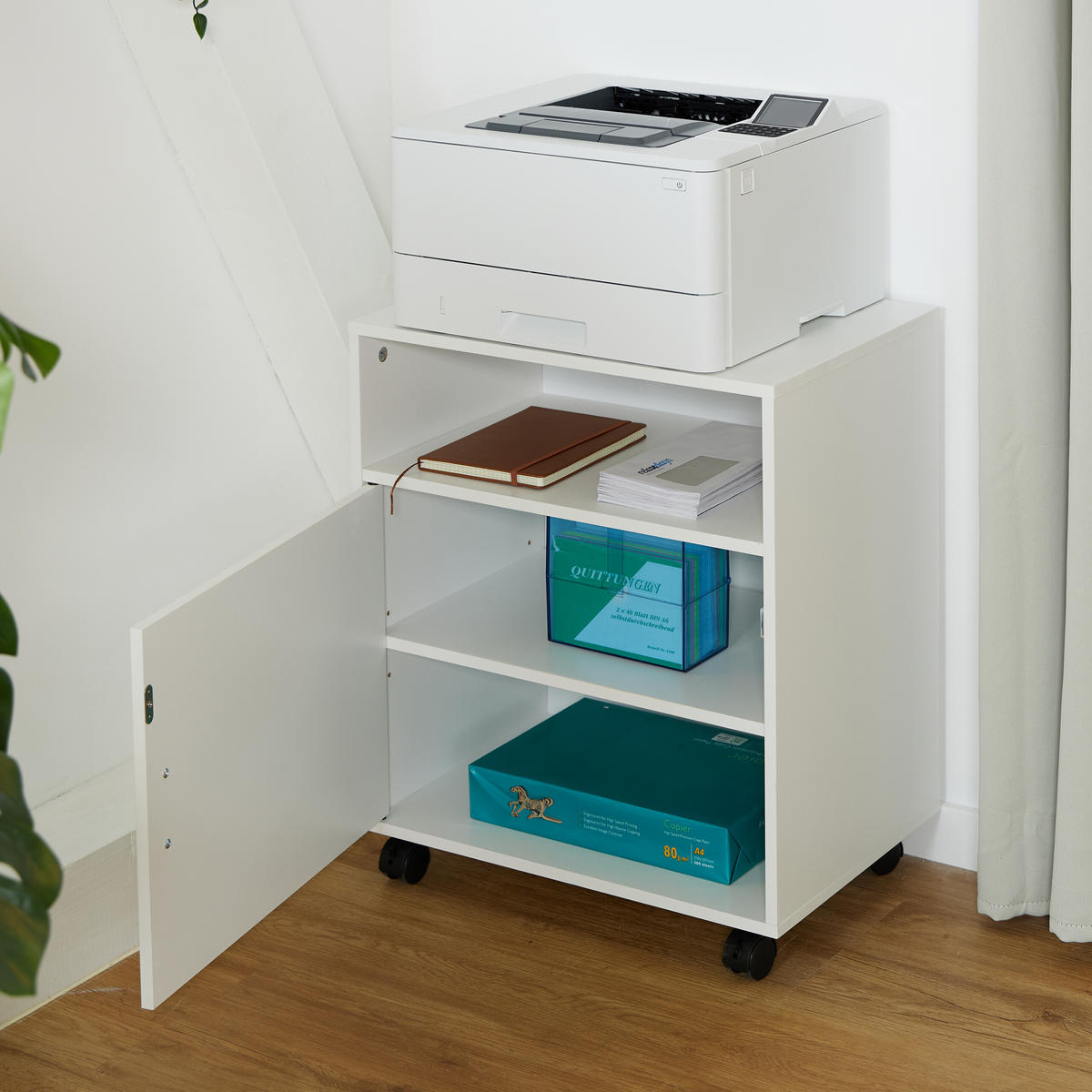RULLHURT Vit silver på hjul 3 fack 57x48x34 cm - Vit, Träbaserade material/Metall (48/57/34cm) - Relaxdays