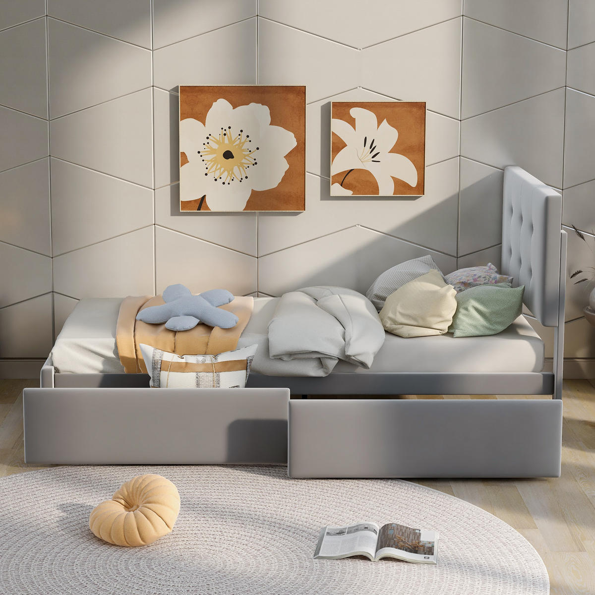 POLSTERBETT 90/200 cm grau aus Samt mit Lattenrost und Schublade - Grau, Textil (90/200cm) - OKWISH