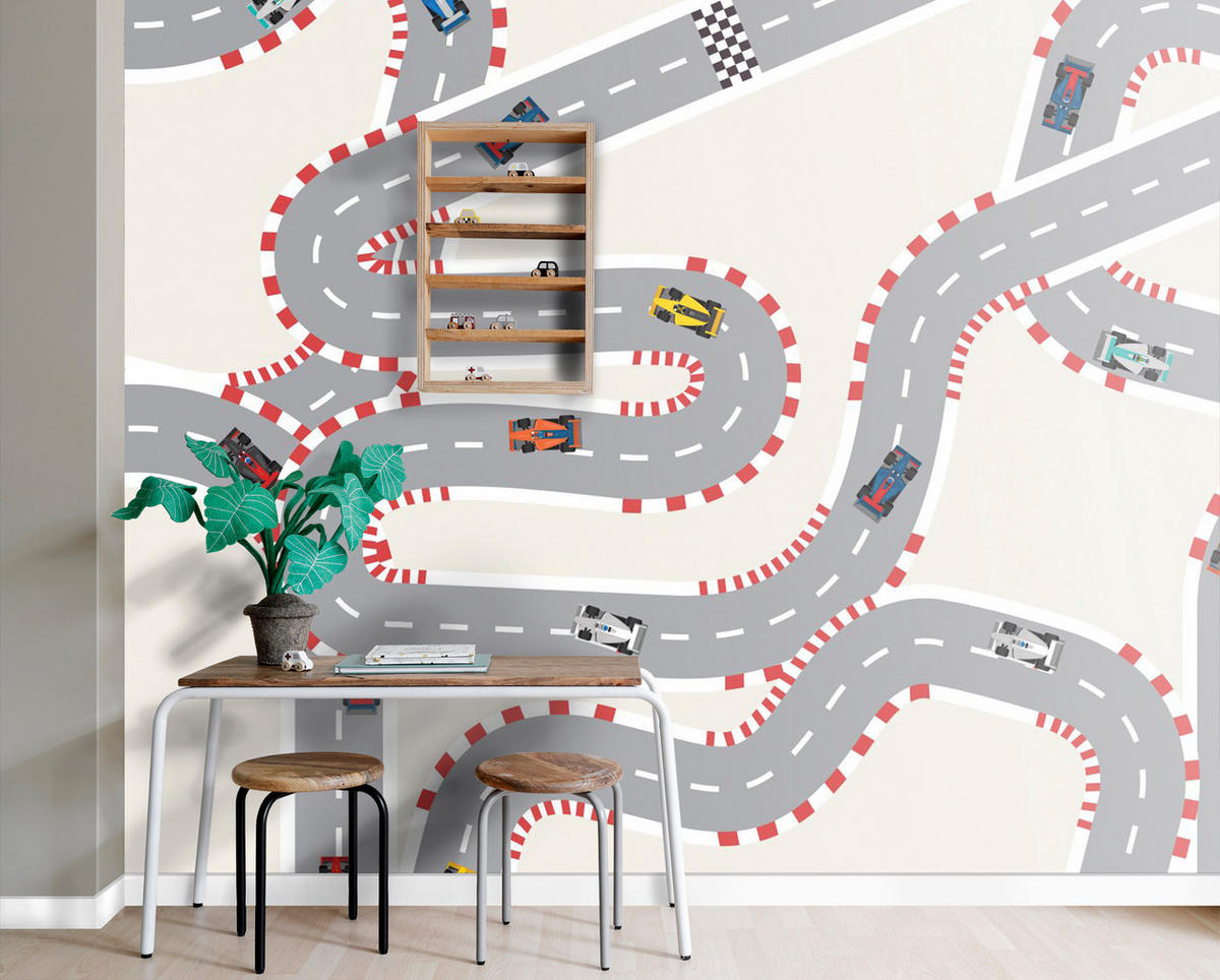 FOTOTAPETE Autos auf der Rennstrecke 300 x 279 cm - Grau, Papier (300/279cm) - ESTAhome