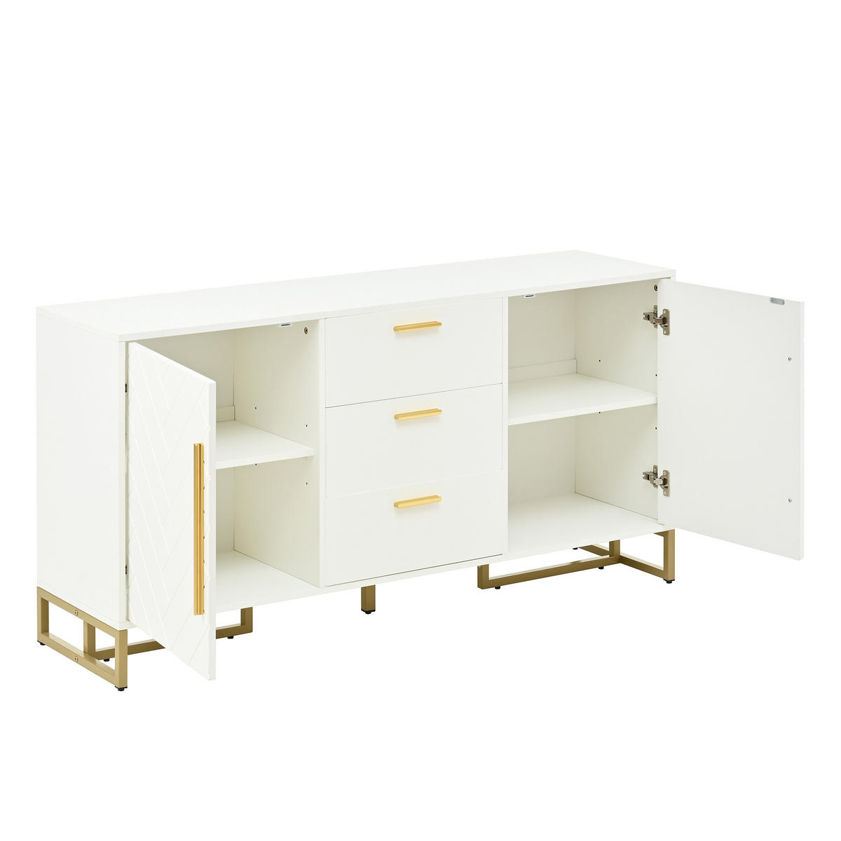 SIDEBOARD 145/40/75 cm weiß aus MDF-Holzwerkstoff mit Fischgrätenmuster und 3 Schubladen - Weiß, Holzwerkstoff (145/75/40cm) - OKWISH