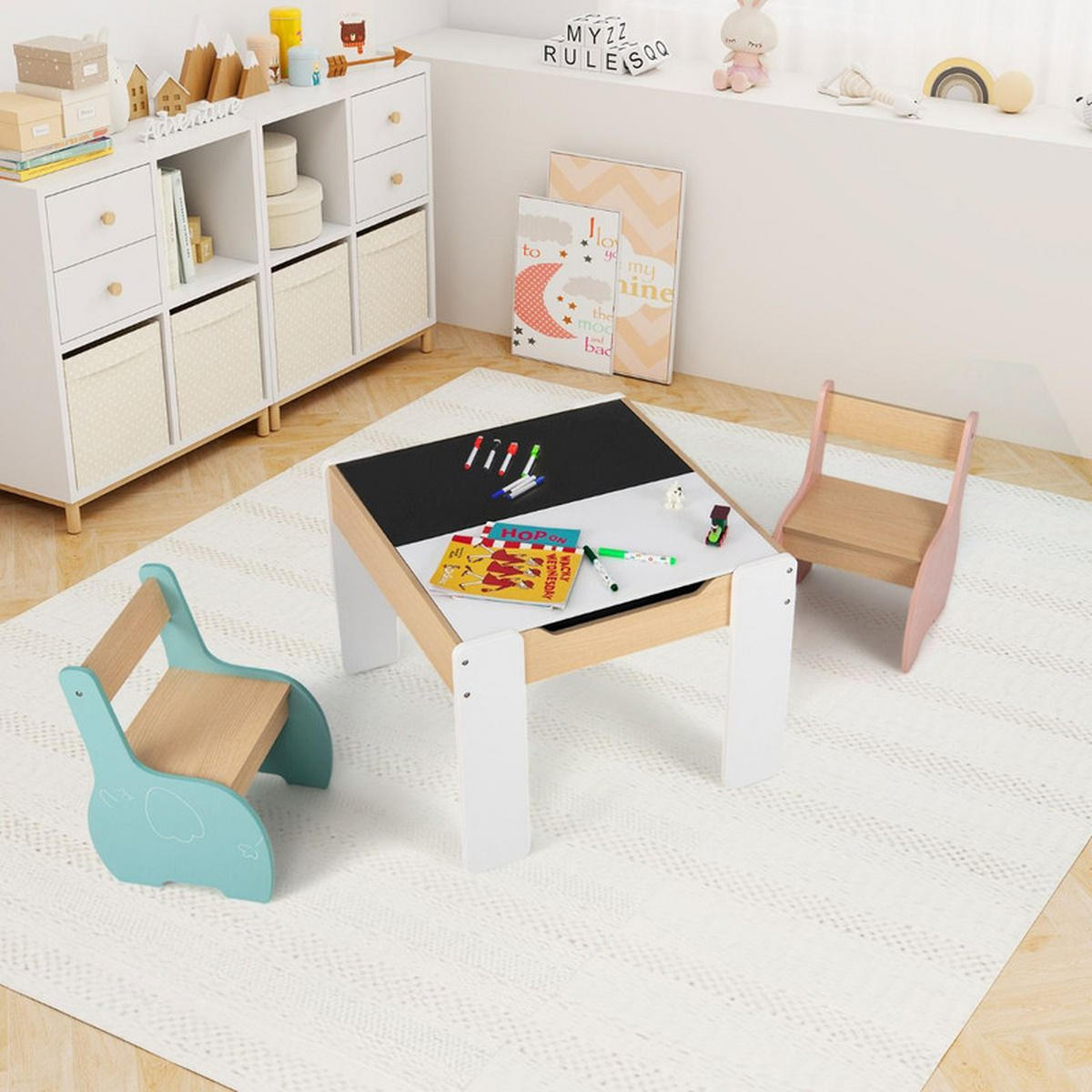 KINDERTISCH mit Stuhl bunt(3-tlg) - Multicolor, Holzwerkstoff (63.5/48/61.5cm) - COSTWAY