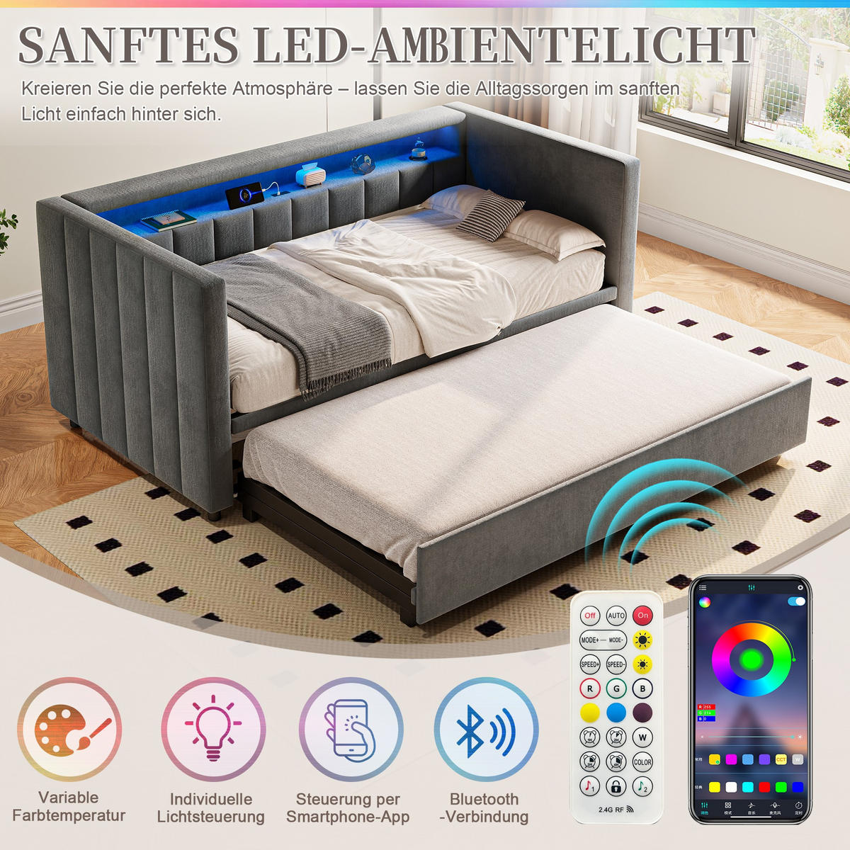 SCHLAFSOFA 90x190cm Ausziehsofa,USB-/Type-C-Anschluss,Samt,Grau - Grau, Textil (201/73/100cm) - LVHOM