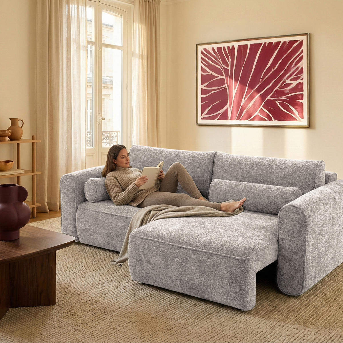 ECKSOFA Motion mit Schlaffunktion Funktional 3-sitzer Sofa - Hellgrau, Textil (250/120cm) - Muffo