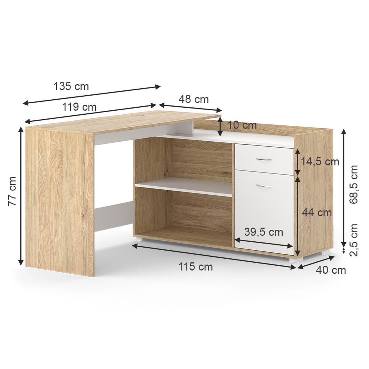 ROHOVÝ PSACÍ STŮL Noira Bílá/Sonoma - bílá/Sonoma dub, kompozitní dřevo (77/135/115cm) - Vicco