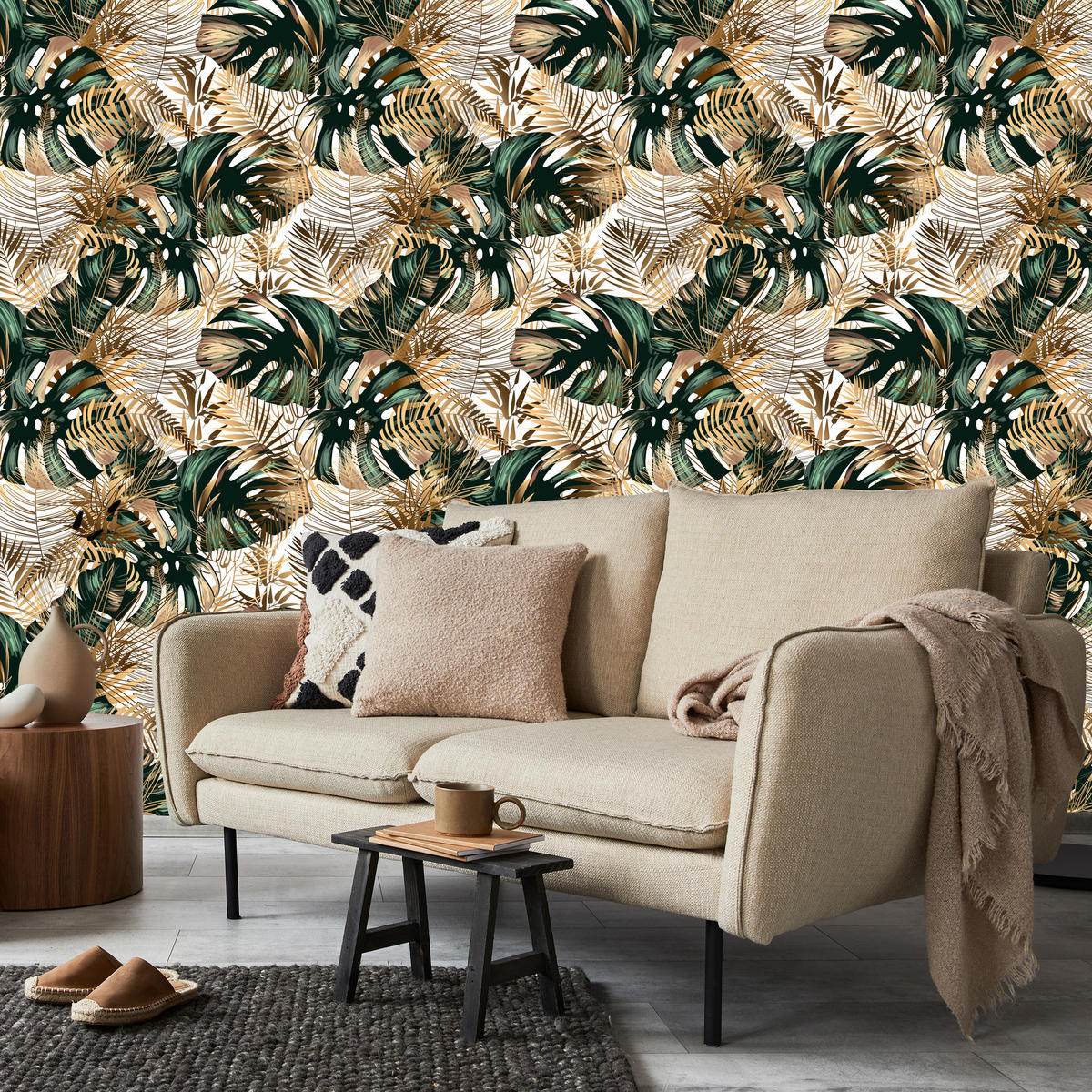 VLIESTAPETE Tropische Blätter – Goldfarben, Grün, Weiß – 50x1000 cm - Goldfarben/Weiß, Papier (50/1000cm) - Muralo