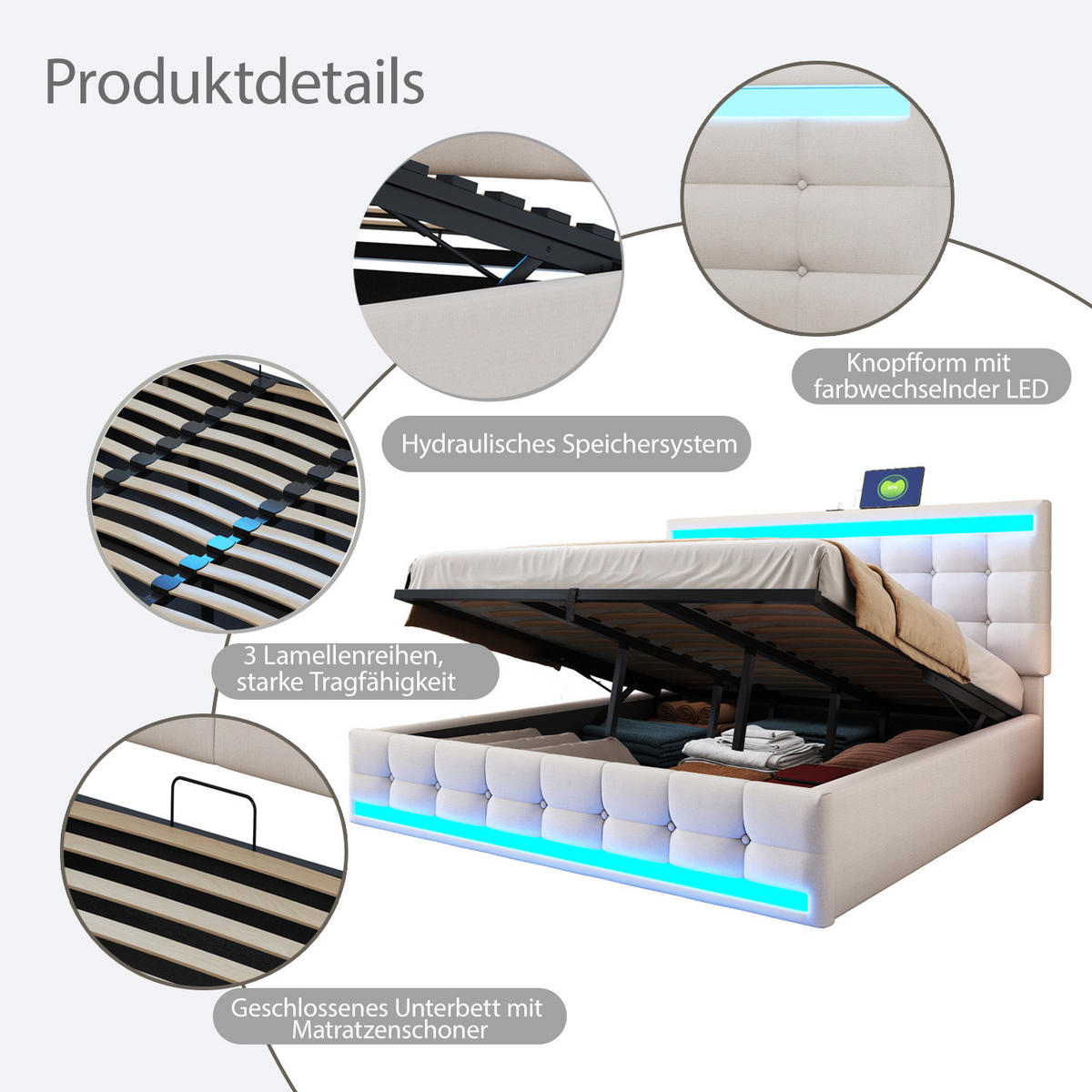 POLSTERBETT 180/200 cm Beige mit LED-Beleuchtung und USB-Anschlüssen - Beige, Textil (180/200cm) - OKWISH