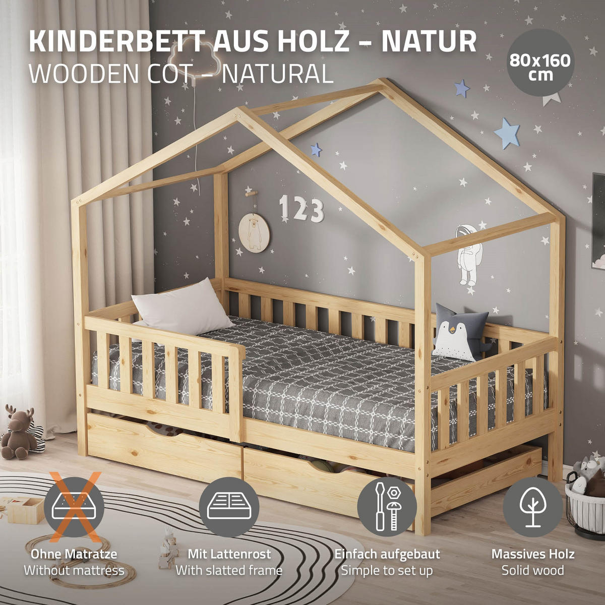 HAUSBETT 80x160 cm Natur aus Kiefernholz mit 2 Schubladen und Rausfallschutz - Beige, Holz (80/160cm) - ML-DESIGN