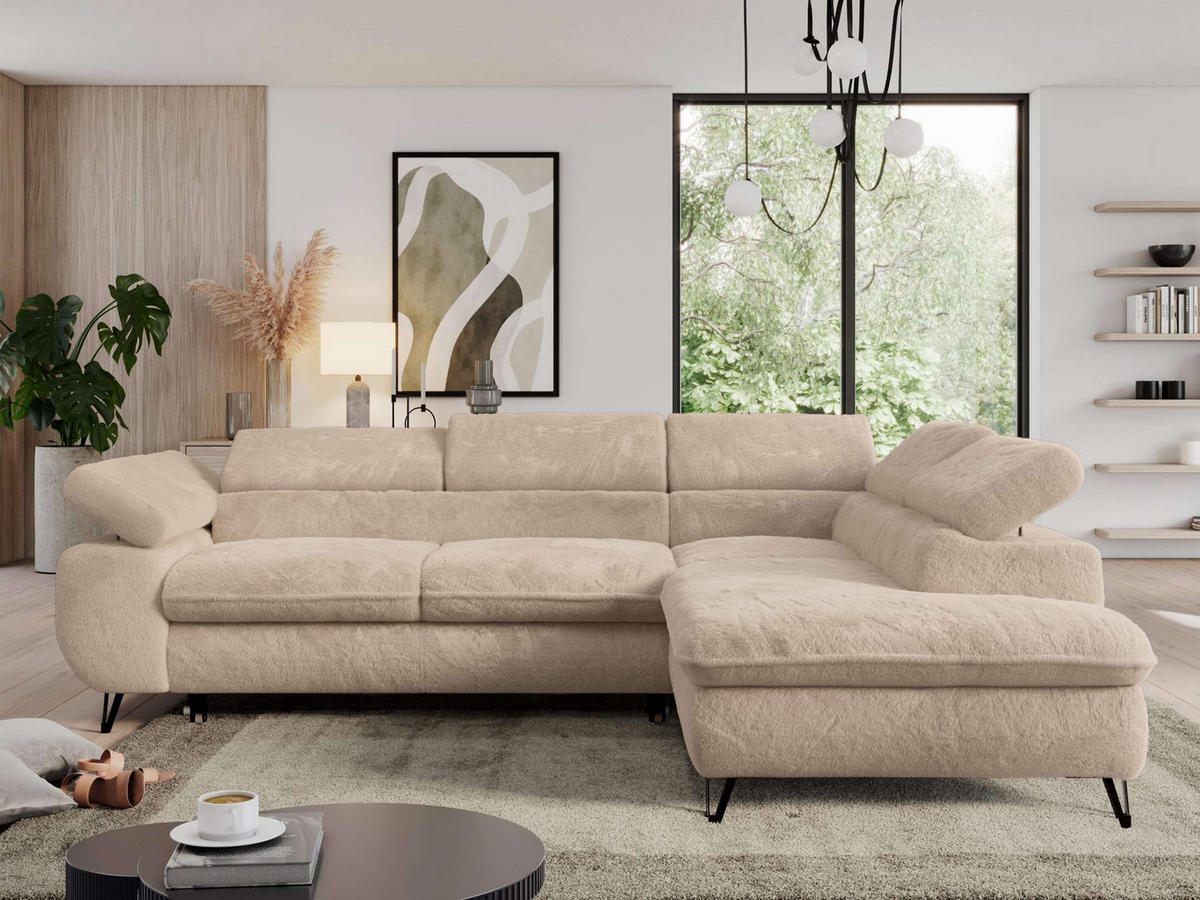ECKSOFA PEDRO L Beige Plüsch - Rechts Seite - Beige/Schwarz, Textil/Metall (273/208cm) - MKS