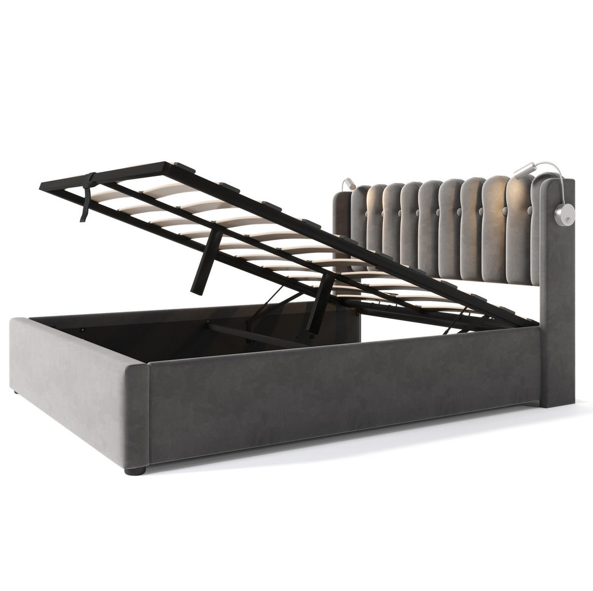 POLSTERBETT 160/200 cm mit USB-Anschluss, Leselicht, Bettkasten, Samt und Matratze, Grau - Grau, Textil (160/160cm) - Redom