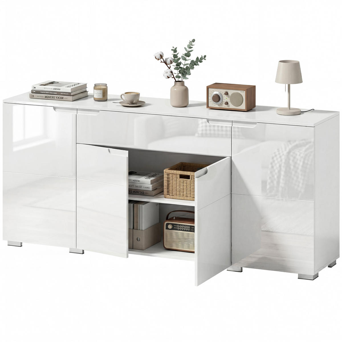 SIDEBOARD Weiß Hochglanz, 4 Türen, 180/40/80 cm - Weiß Hochglanz, Holz (180/80/40cm) - PANGIVO