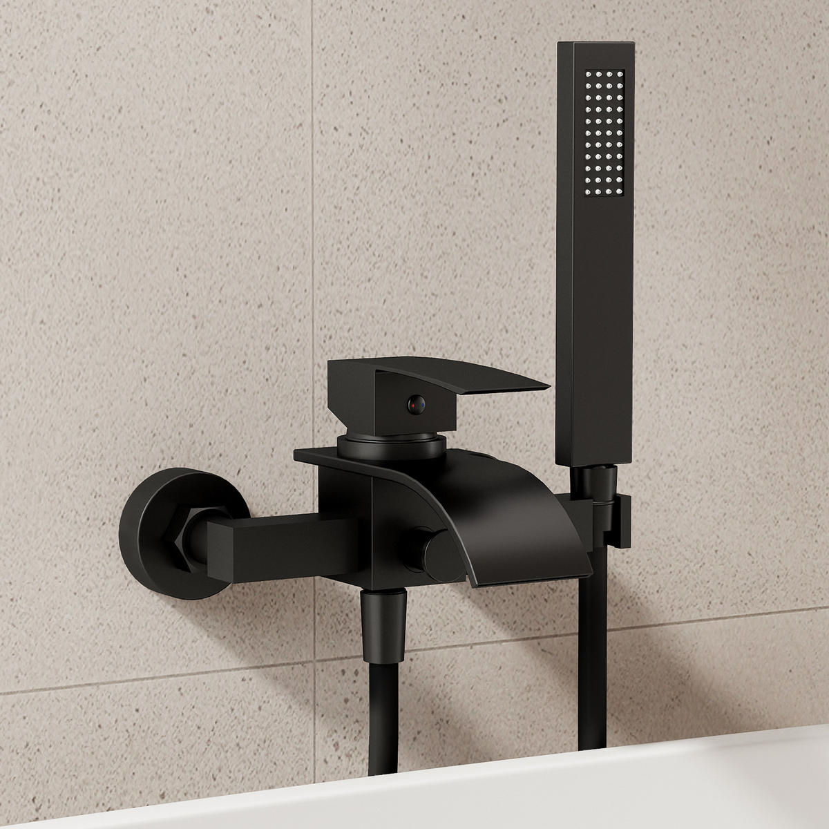 BADEWANNENARMATUR SFS-5005 Schwarz Matt, Aufputz mit Wasserfallauslauf 200 mm Handbrause 1500 mm Einhebel 150 mm Stichmaß - Schwarz, Metall (6/20/23cm) - Everstein