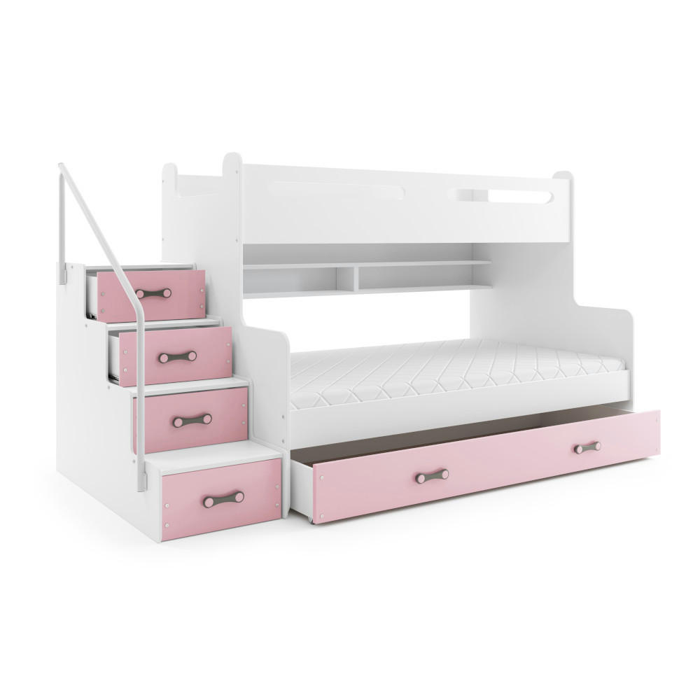 ETAGENBETT Max 3 200x80cm / 200x120cm mit Schublade und Lattenrost - Hellrosa/Weiß, Holzwerkstoff (120/200cm) - Interbeds