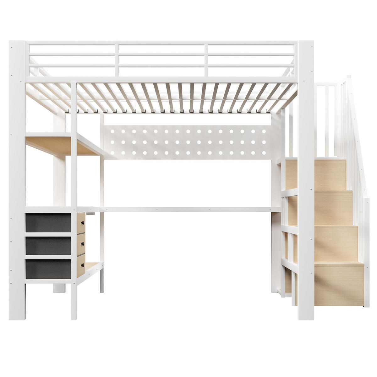 HOCHBETT 140/200 cm mit Schreibtisch, Stauraumtreppe, Lochwand, Steckdose und dimmbarem LED-Licht, Weiß - Weiß, Holzwerkstoff (140/200cm) - Redom