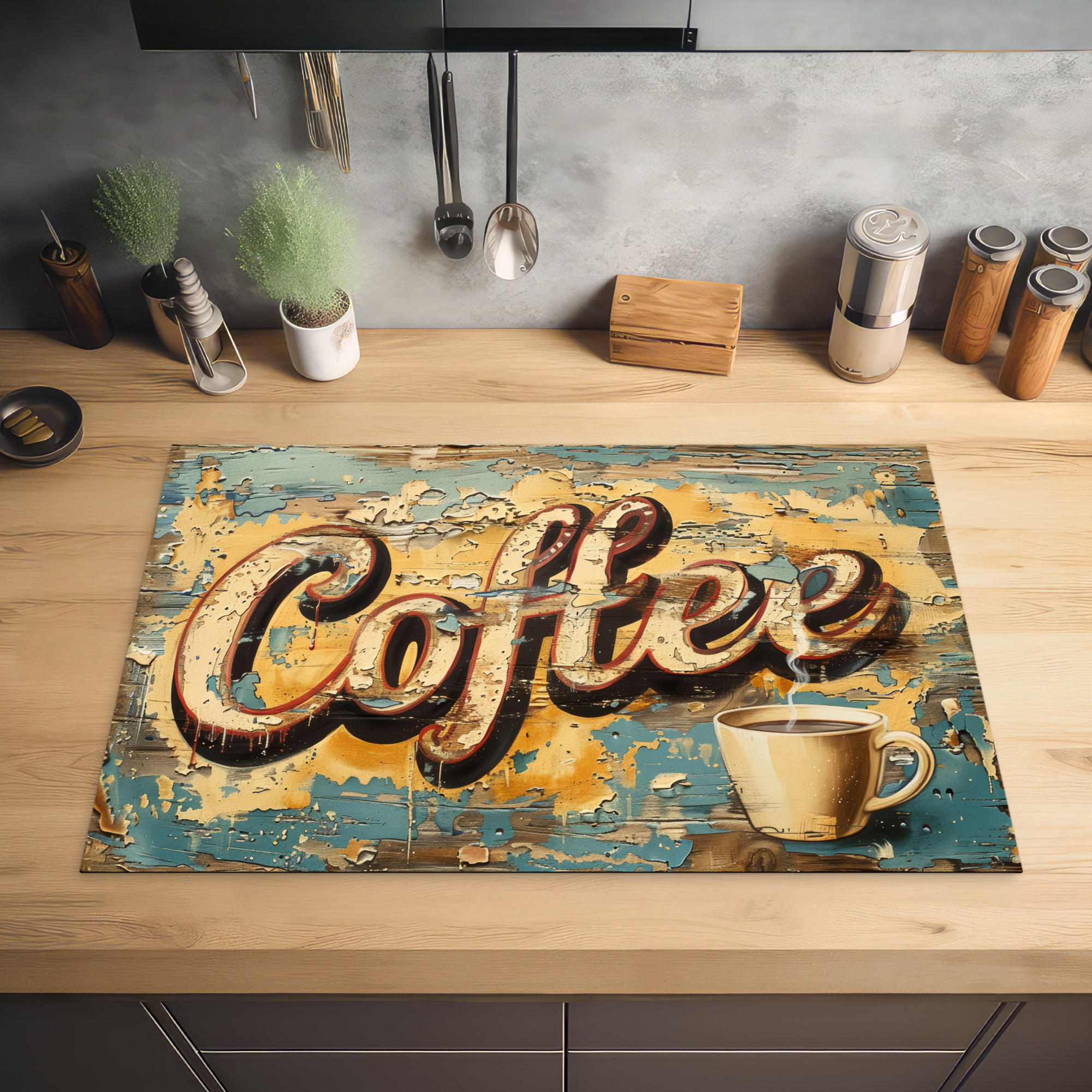 HERDABDECKPLATTE Kaffee - Vintage - Braun - Tasse 81x52 cm - Teakfarben, Kunststoff (81/0.2/52cm) - MuchoWow