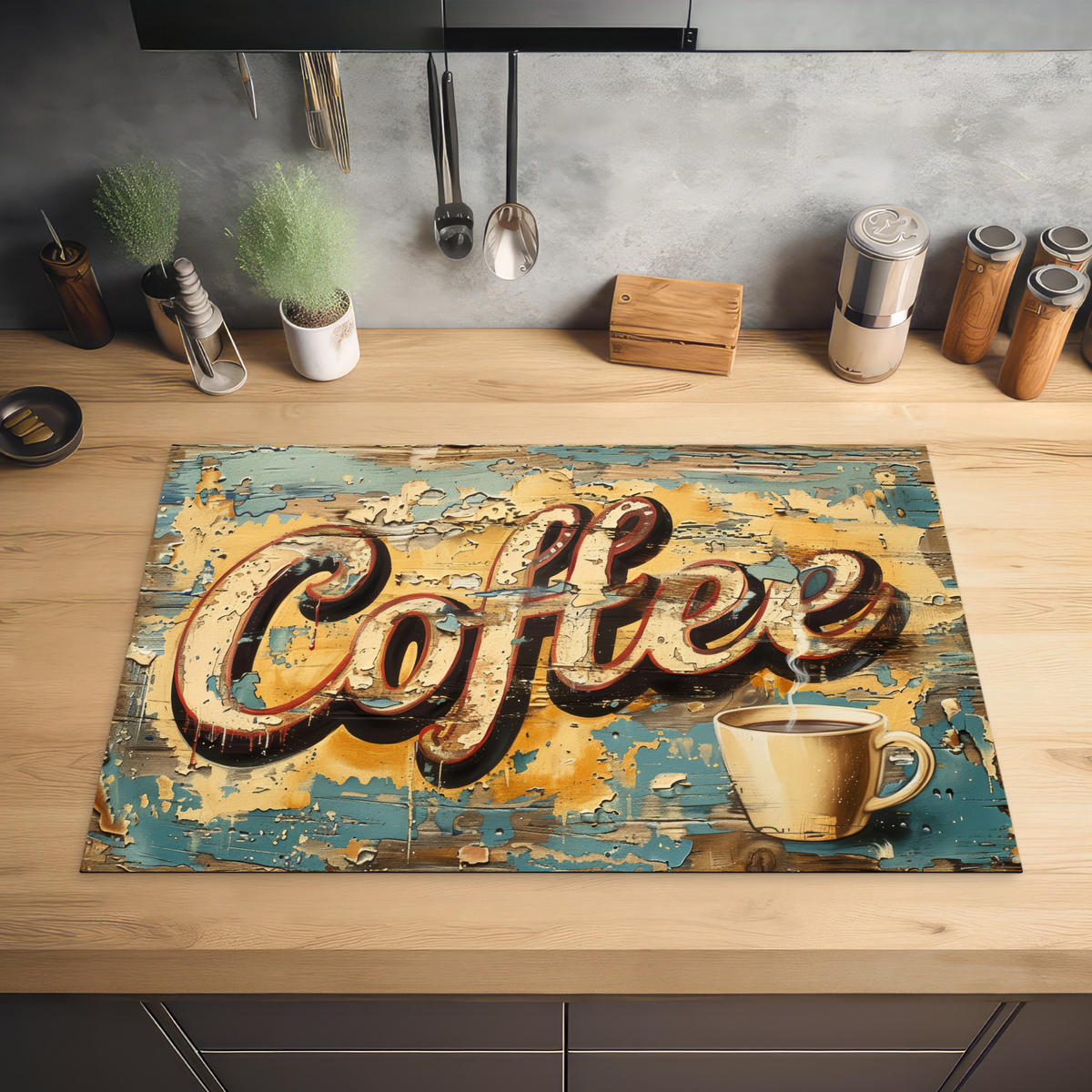 HERDABDECKPLATTE Kaffee - Vintage - Braun - Tasse 81x52 cm - Teakfarben, Kunststoff (81.2/0.2/52cm) - MuchoWow