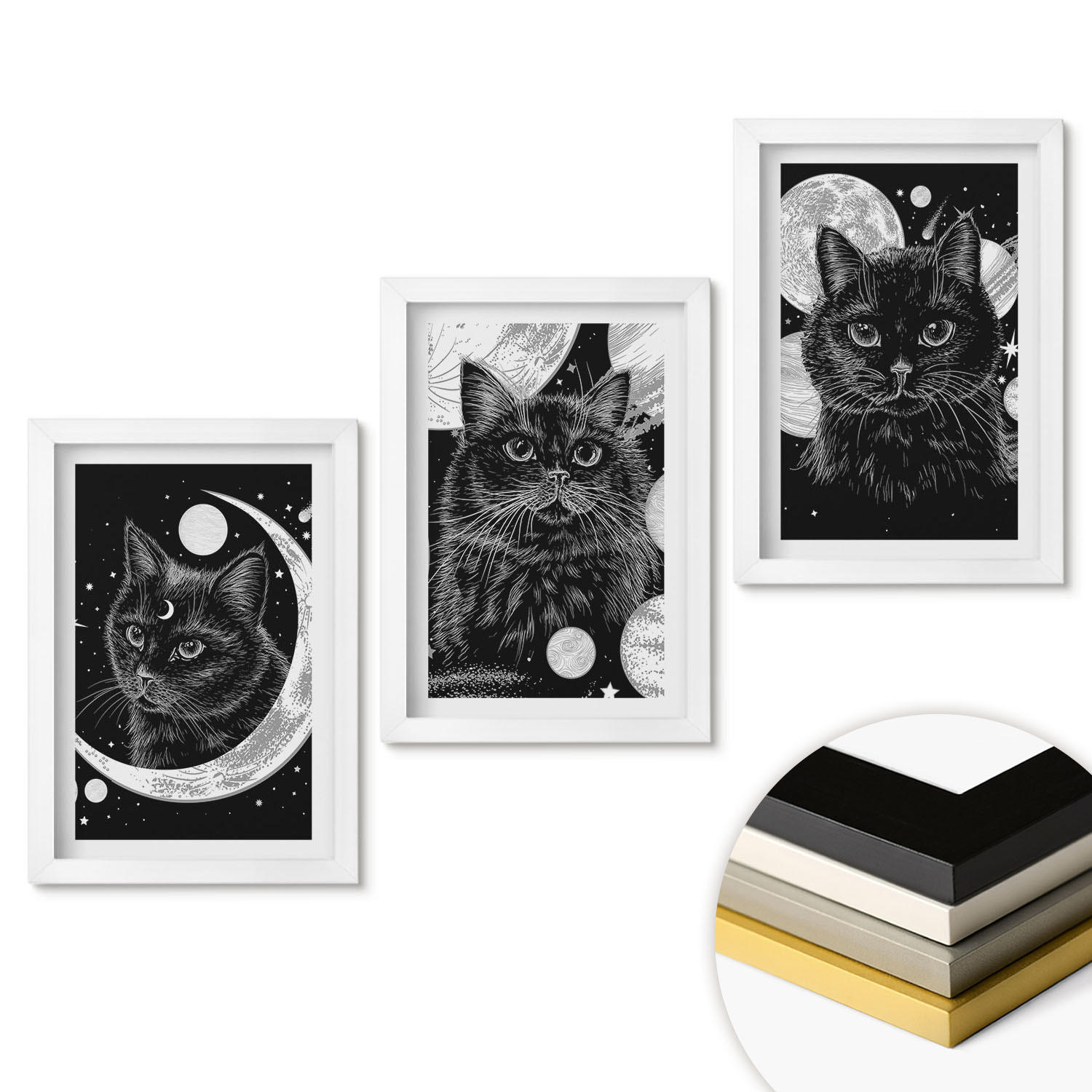WANDBILDER 3er-Set - 20x30 cm Weißer Rahmen - Schwarze Katzen, Mond, Weltraum - Weiß, Kunststoff (20/30cm) - ArtPrintCave