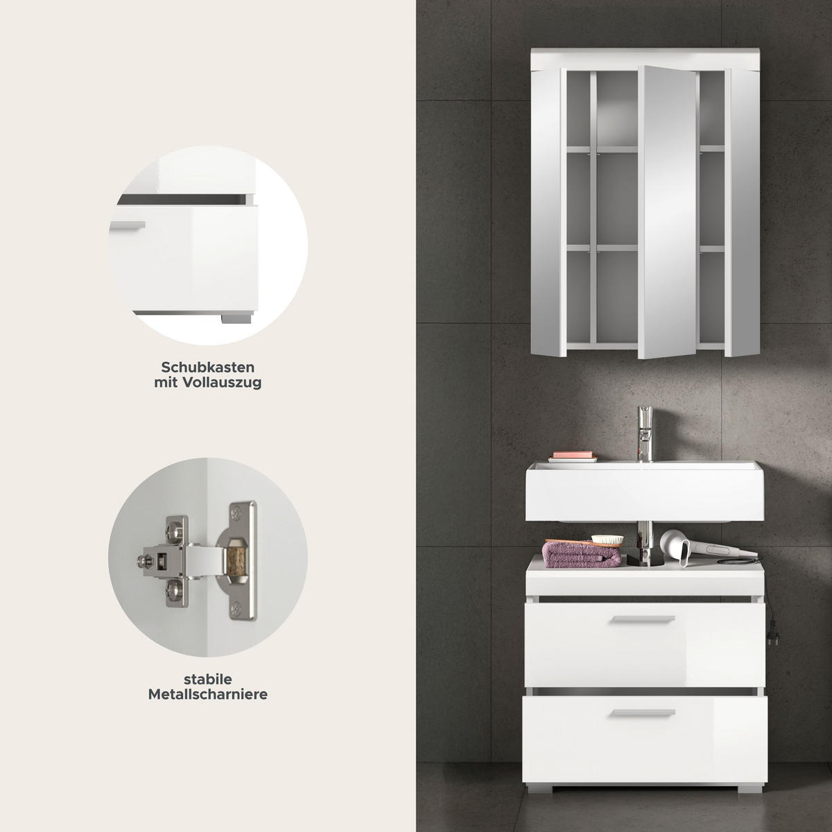 BADKOMBINATION 2tlg. Scout Bad in weiß Nachbildung und weiß hochglanz B/H/T: 60x191x34 cm - Weiß, Holz (60/191/37cm)