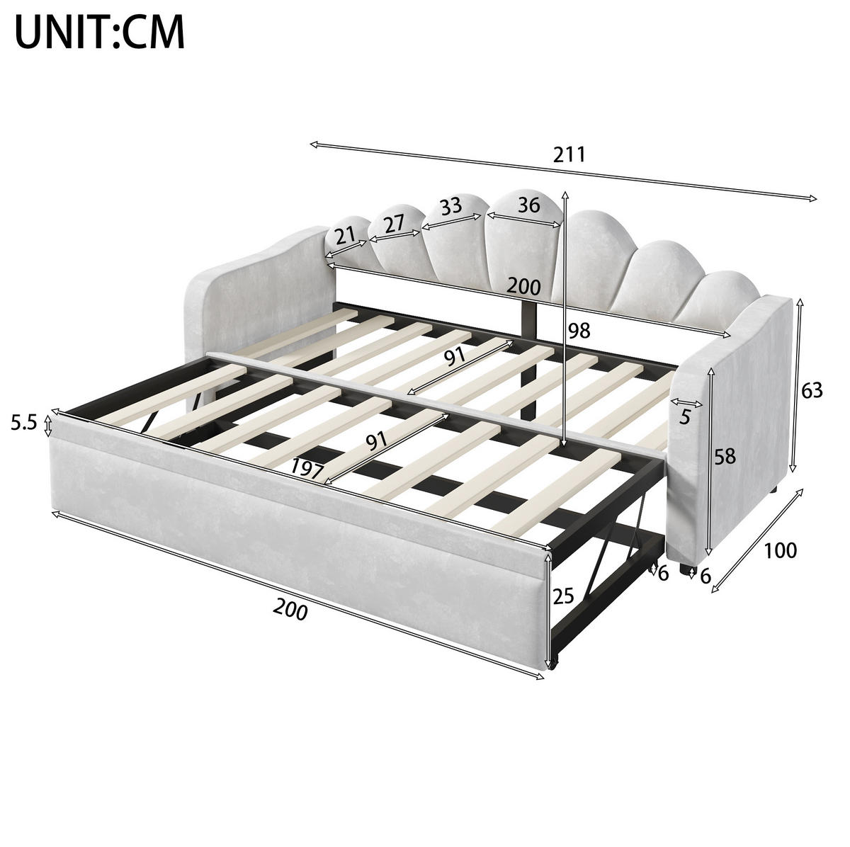 DENNÁ posteľ 90/200 cm sivá s výsuvným lôžkom a LED osvetlením z MDF, preglejky a zamatu - sivá, textil (90/200cm) - OKWISH