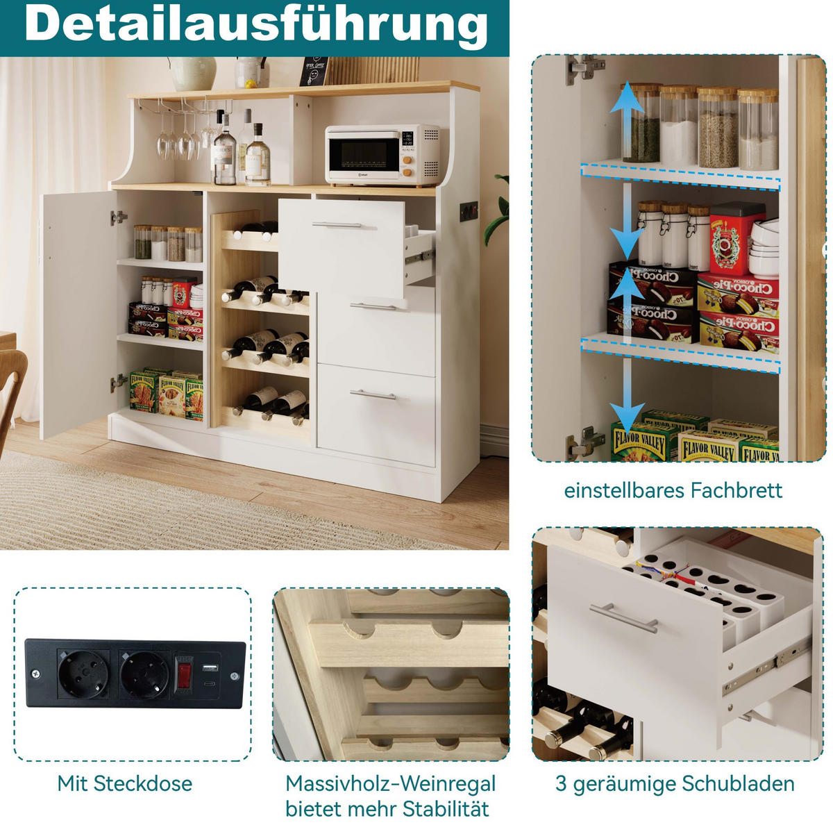 SIDEBOARD 120/40/121 cm Weiß/Natur aus Holzwerkstoff mit LED, Steckdose und Weinregal - Weiß, Holzwerkstoff (40/121/120cm) - OKMYHOME