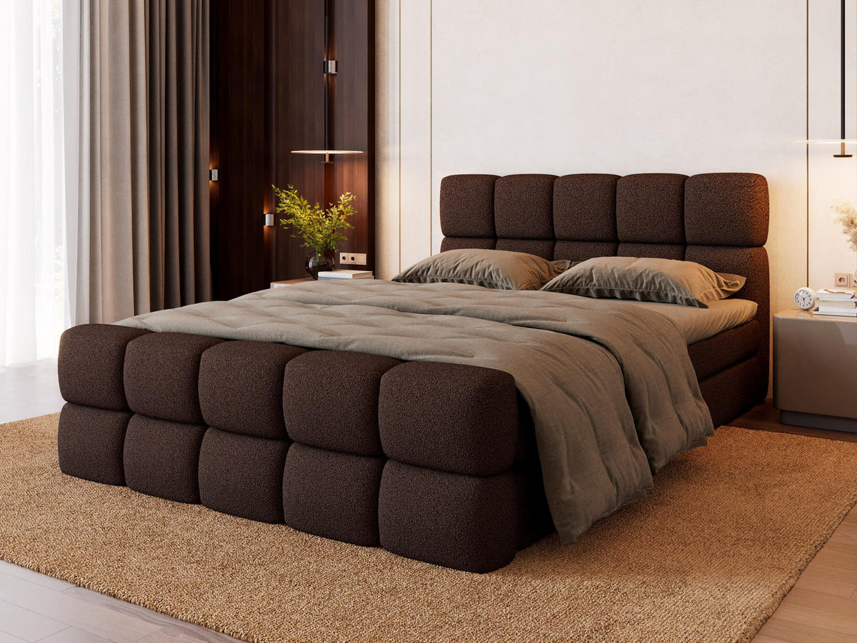 BOXBETT Vanessa 180/200 cm, in Dunkelgrau, Bouclé-Stoff, Bettkasten, Matratze, Topper - Dunkelgrau, Textil (180/200cm) - Barchello