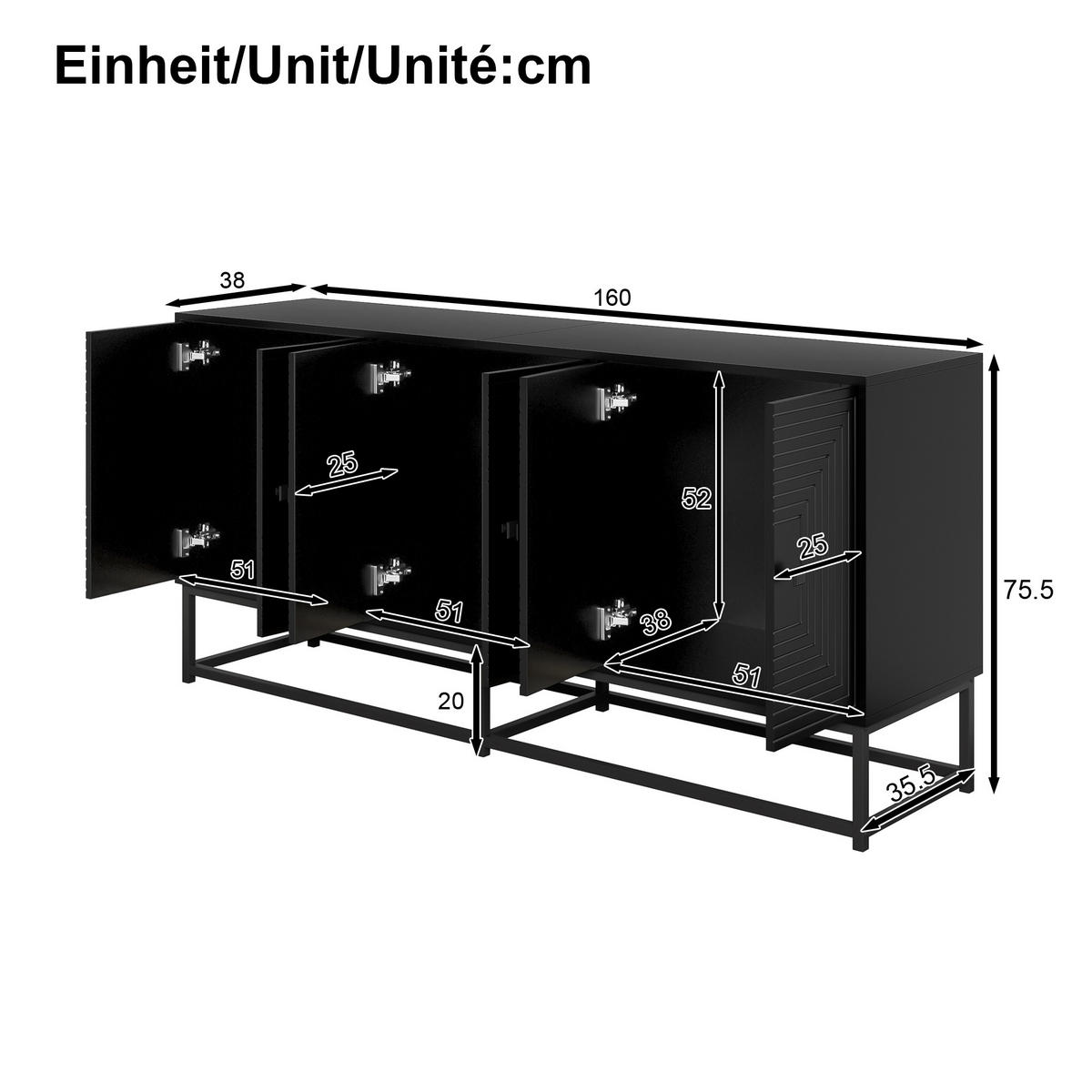 AUFBEWAHRUNGSSCHRANK 3 Doppeltüren Schwarz Stauraum Matt - Schwarz, Holzwerkstoff (38/75.5/160cm) - FLIEKS