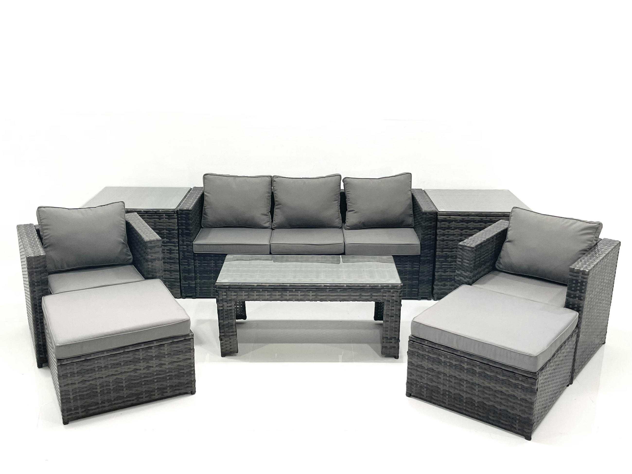 GARTENMÖBEL-SET COUCHTISCH SESSEL SOFA mit HOCKER Polyrattan Dunkelgrau Gemischt 7-Sitzer - Dunkelgrau/Grau, Glas/Kunststoff - Fimous