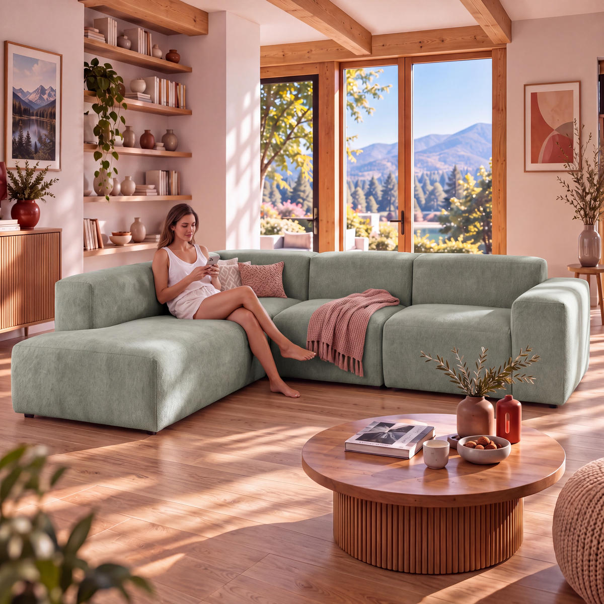 4-SITZER modulares Ecksofa HEAVEN SET 2 Links, Breite 300 cm Webstoff Grün - Schwarz/Grün, Holz/Kunststoff (300/245cm) - Muffo