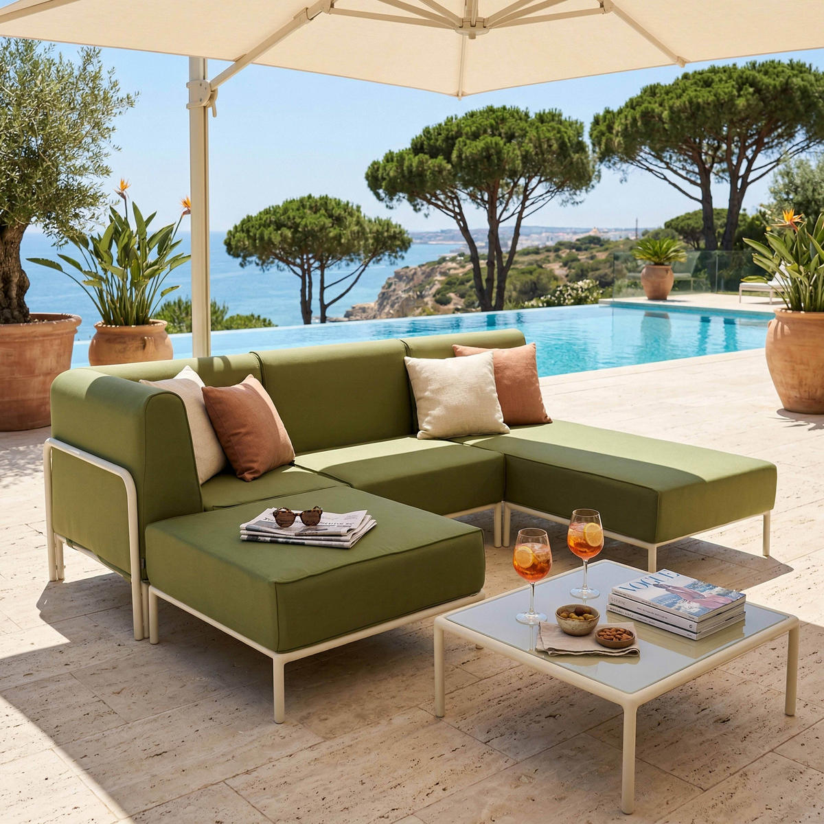 GARTENSOFA mit 4 Sitzplätzen, Khakigrün - Grün, Textil (153/78/272cm) - Oviala