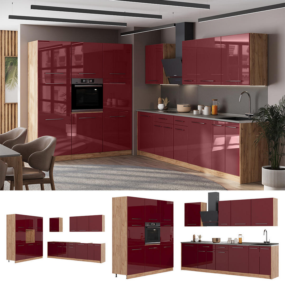 KÜCHENZEILE Fame-Line, Bordeaux Hochglanz/Goldkraft Eiche, 460 cm, AP Anthrazit - Honigeiche/Bordeaux, Holzwerkstoff (460/206.8/60cm) - Vicco