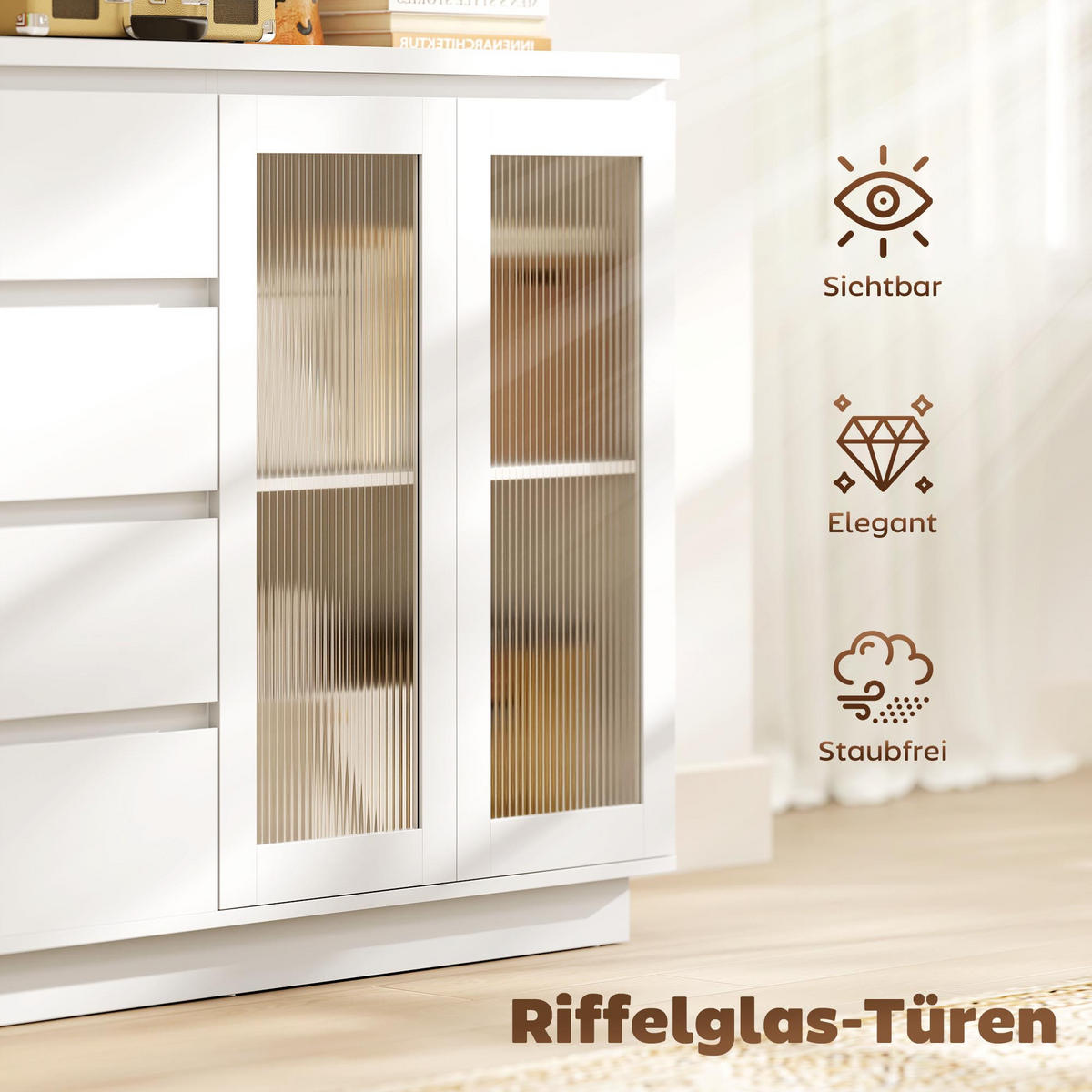 BUFFETSCHRANK, Sideboard mit 4 Schubladen, 2 Glastüren, modernes Design, Weiß - Weiß, Holzwerkstoff (40/91/120cm) - HOMCOM