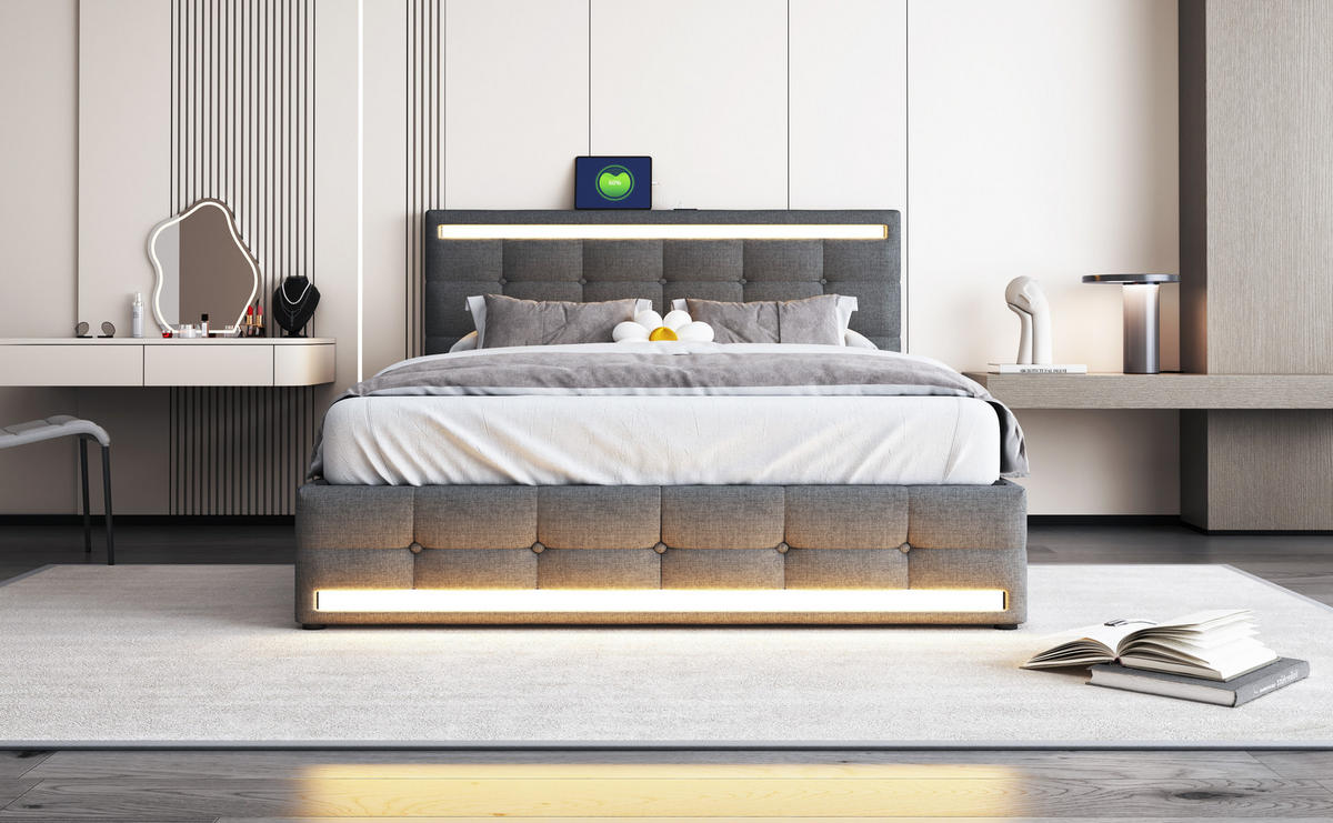 POLSTERBETT 140x200 cm LED USB Schubladen grau - Grau, Textil (140/200cm) - LEBENLANG