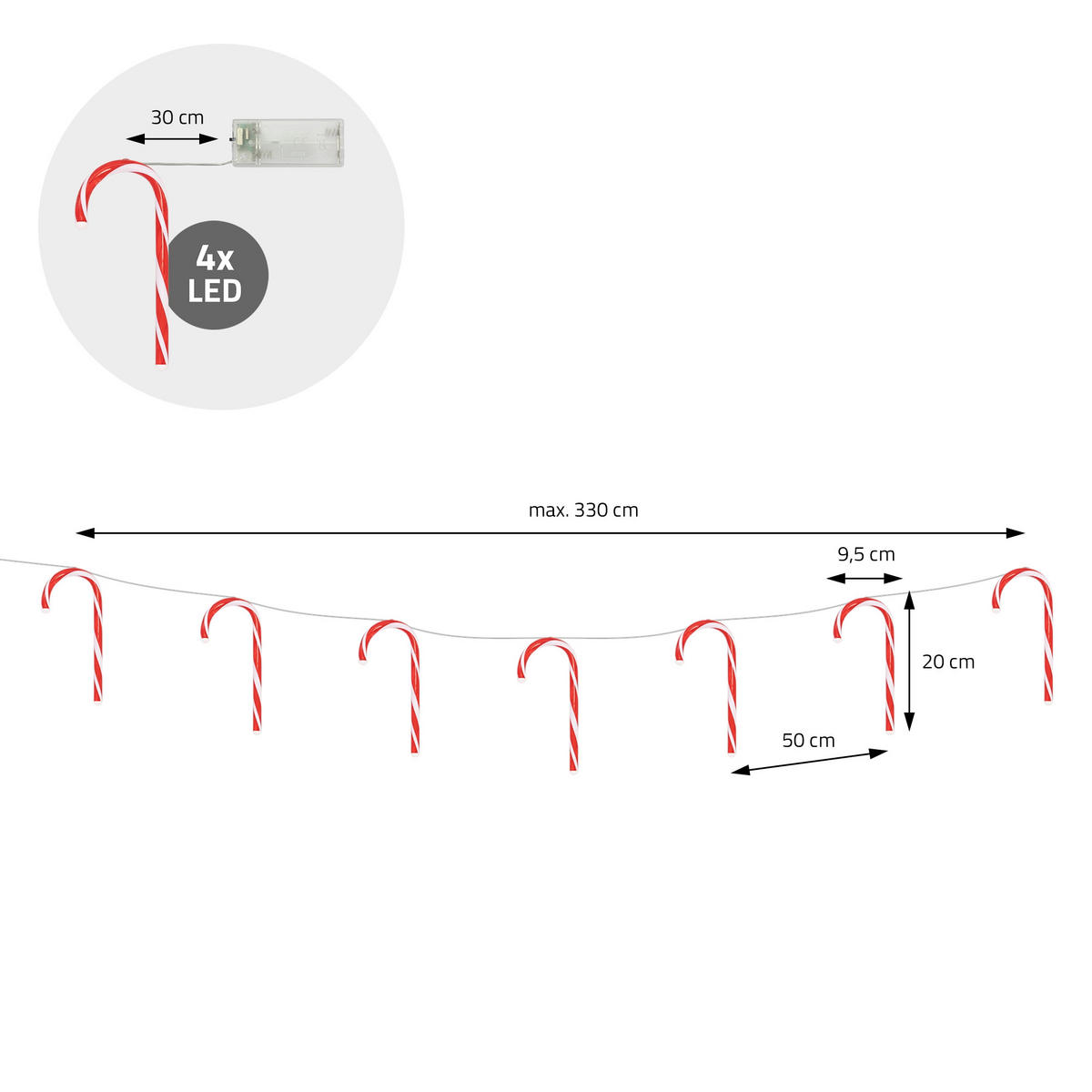 LICHTERKETTE 330 cm 7 Zuckerstangen mit 28 LED Warmweiß - Rot, Kunststoff (330cm) - ECD-Germany