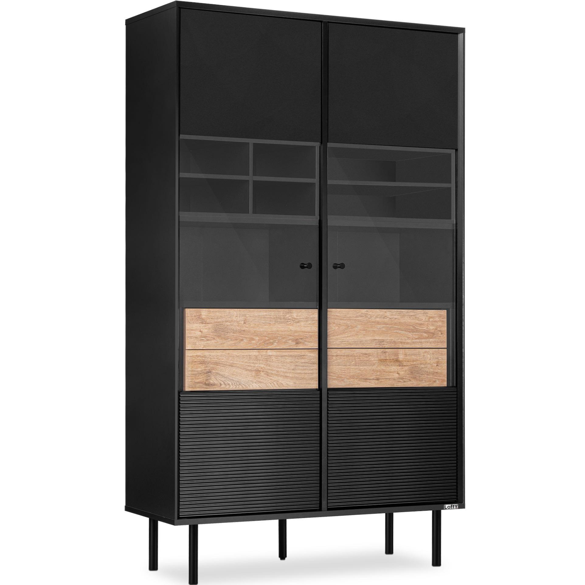 Konsimo® Vitrinenschränk Schwarz, Eiche 102x174x41 cm