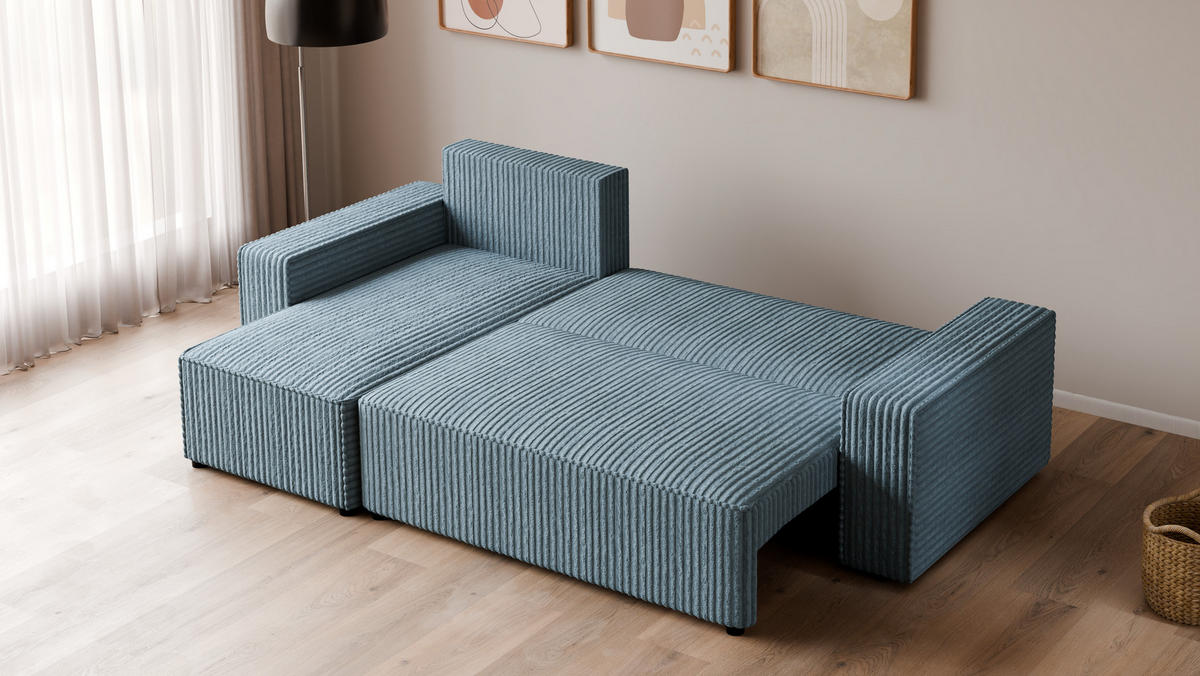 ECKSOFA Tobi mit Bettkasten und Schlaffunktion, L-Form, Cordstoff, Universal - Pastellblau, Holzwerkstoff (246/145cm) - 4ALL HOME