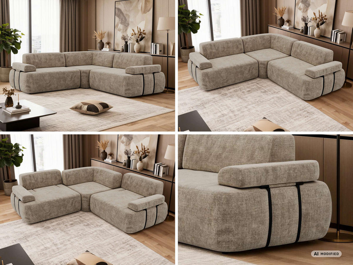 ECKSOFA MIREO L - Beige Schenille grob gewebt - Beige/Schwarz, Kunststoff/Textil (257/257cm) - MKS